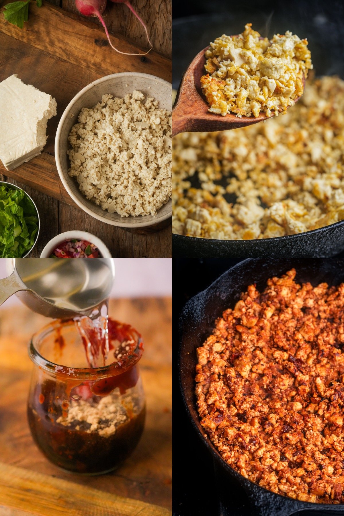 A four-panel collage shows tofu being crumbled, cooked in a skillet, mixed with sauce, and sautéed until browned for a delicious vegan picadillo recipe.