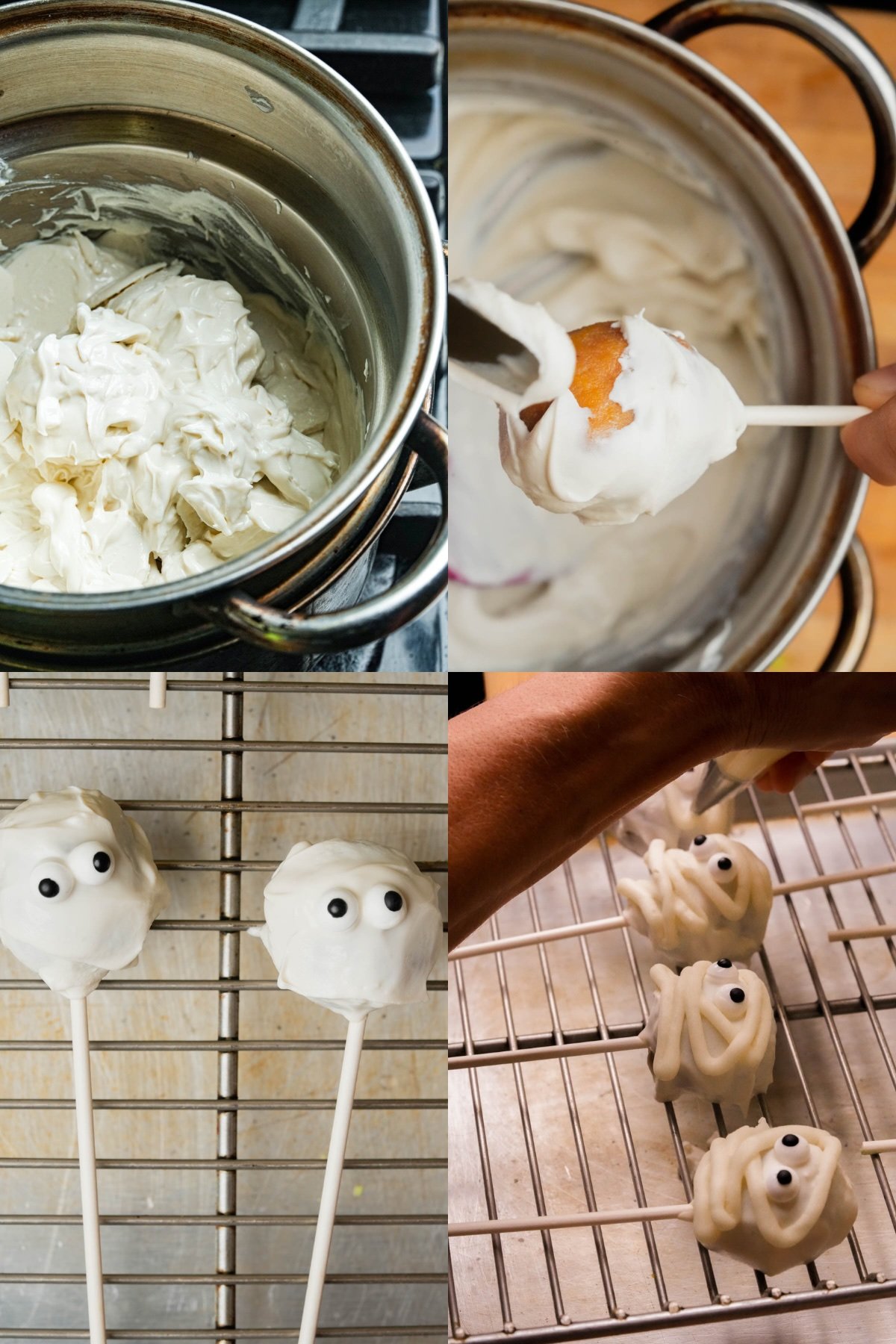 A step-by-step process of making mummy cake pops: melting white coating, dipping cake pops, adding eyes, and setting them on a rack to dry.