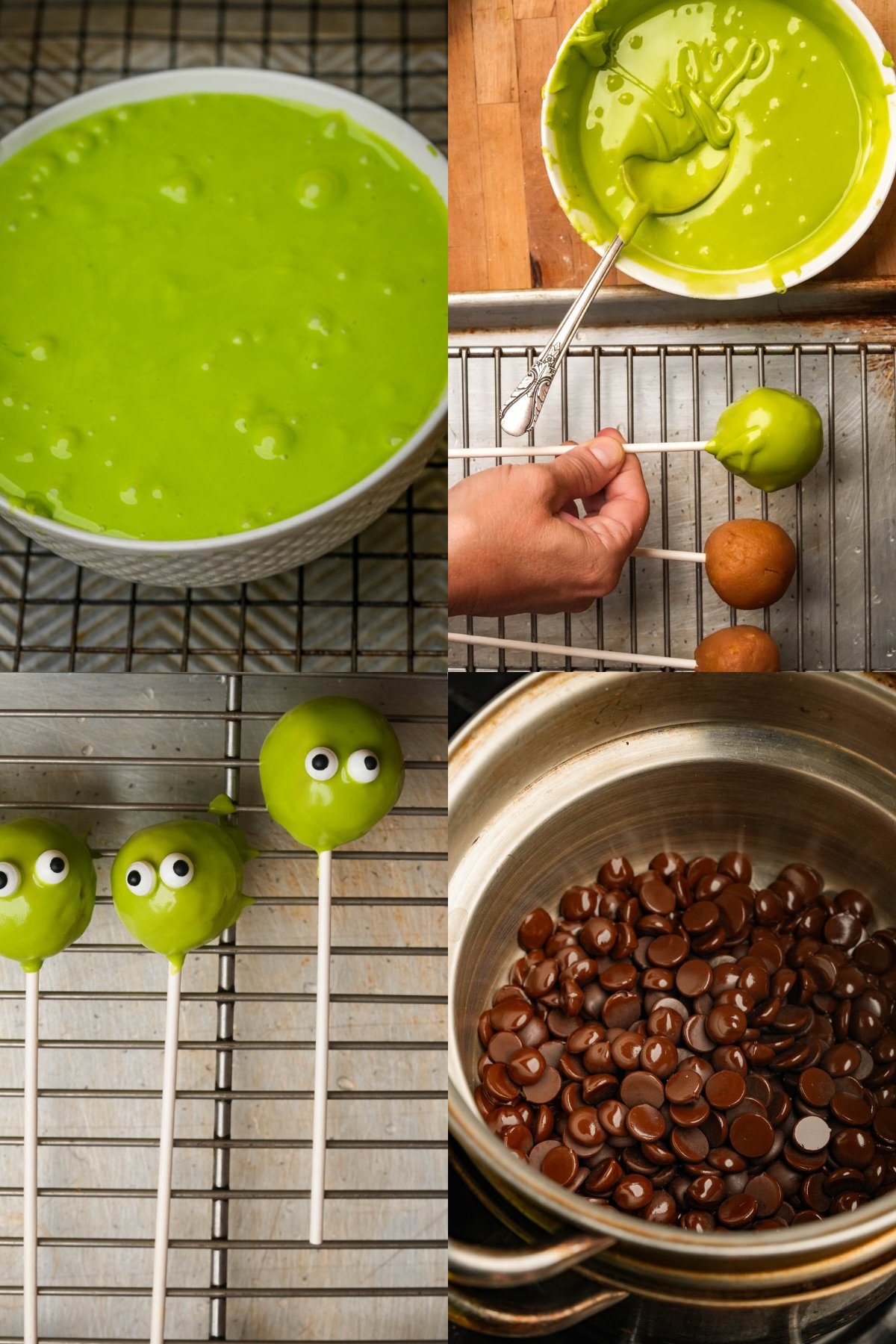 Four-step collage: Green melted candy in a bowl, dipping cake pops in green coating, green cake pops with candy eyes, and chocolate chips melting in a double boiler.