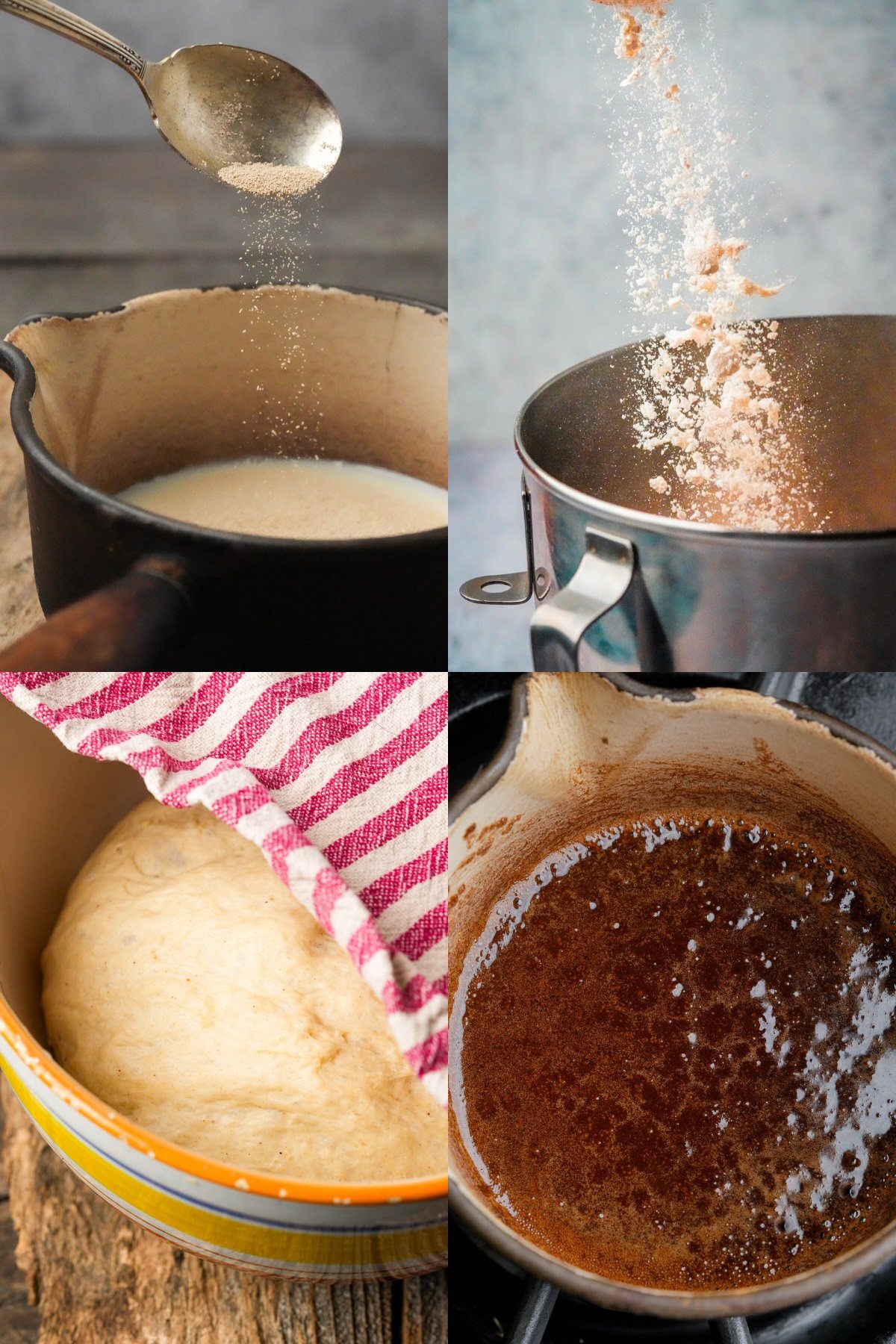 A four-panel collage showing yeast being poured into plant milk, flour being sifted, dough rising in a bowl covered with a cloth, and a pot with melted butter, sugar, and cinnamon.