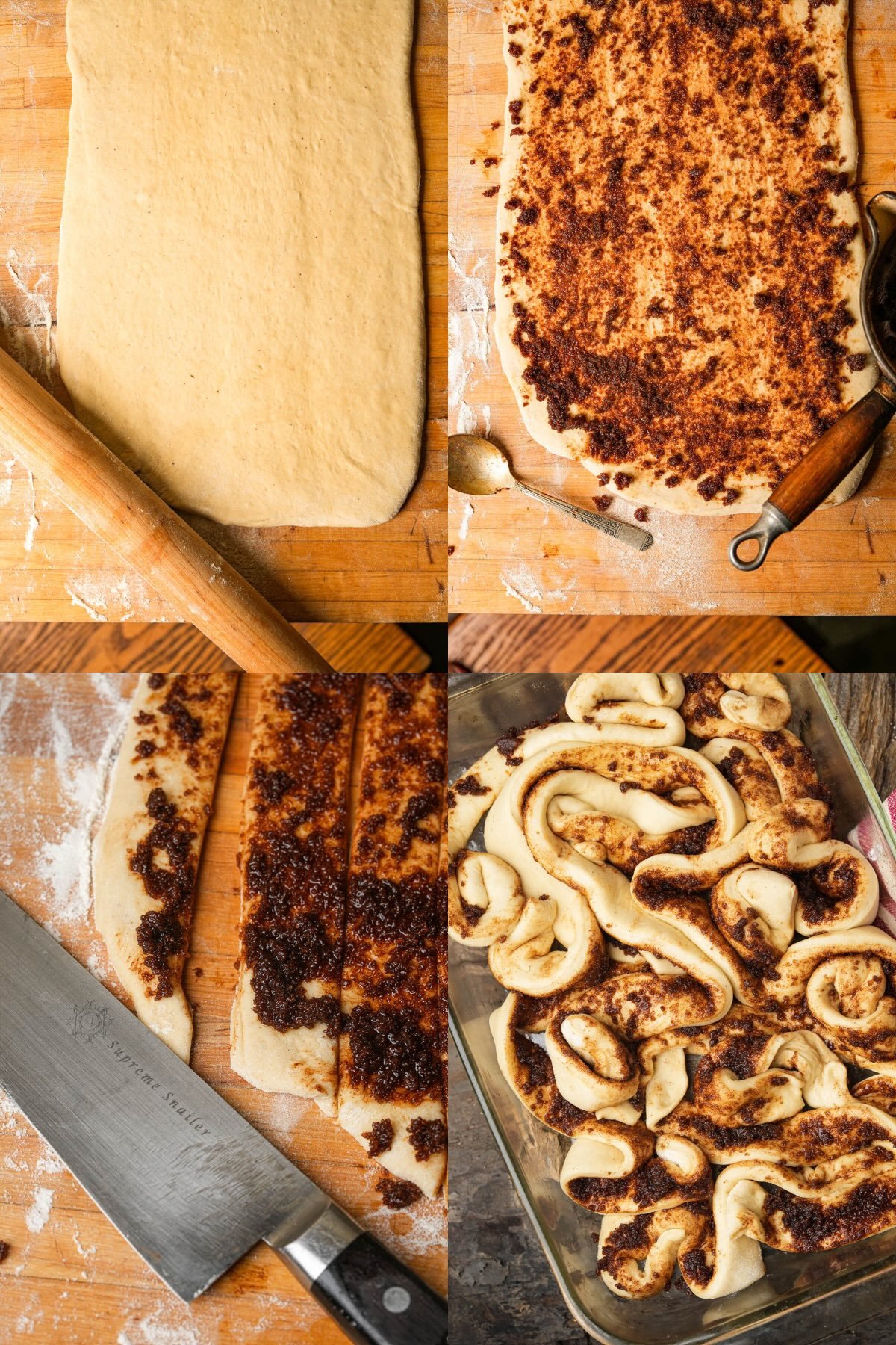Four-panel image showing the process of making cinnamon rolls: rolling dough, spreading cinnamon filling, cutting strips, and placing rolls in a baking dish.