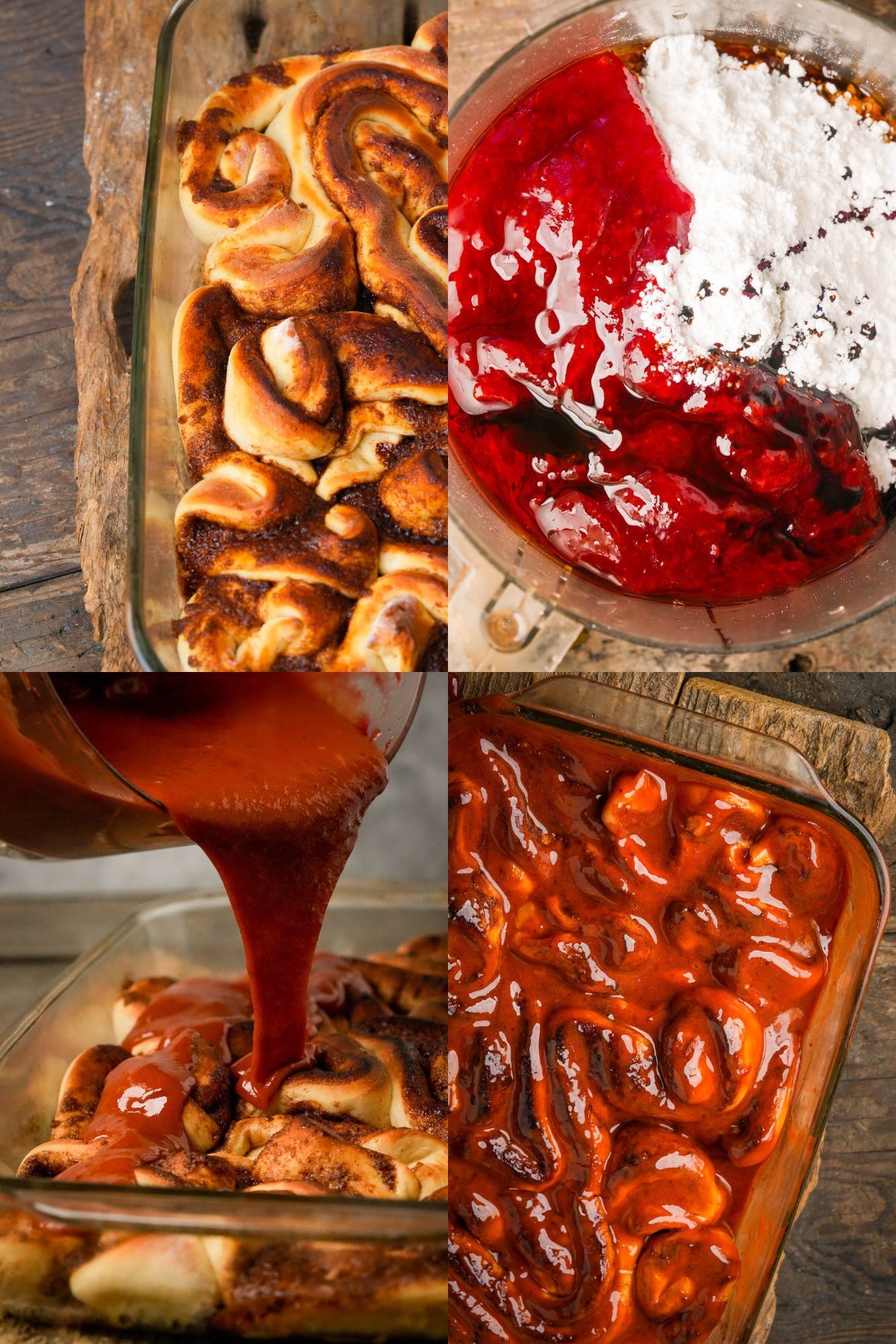 Four-panel image showing unglazed Halloween Cinnamon Rolls, a bowl of red icing mixture, pouring the icing over the rolls, and the finished cinnamon rolls covered in spooky red icing.