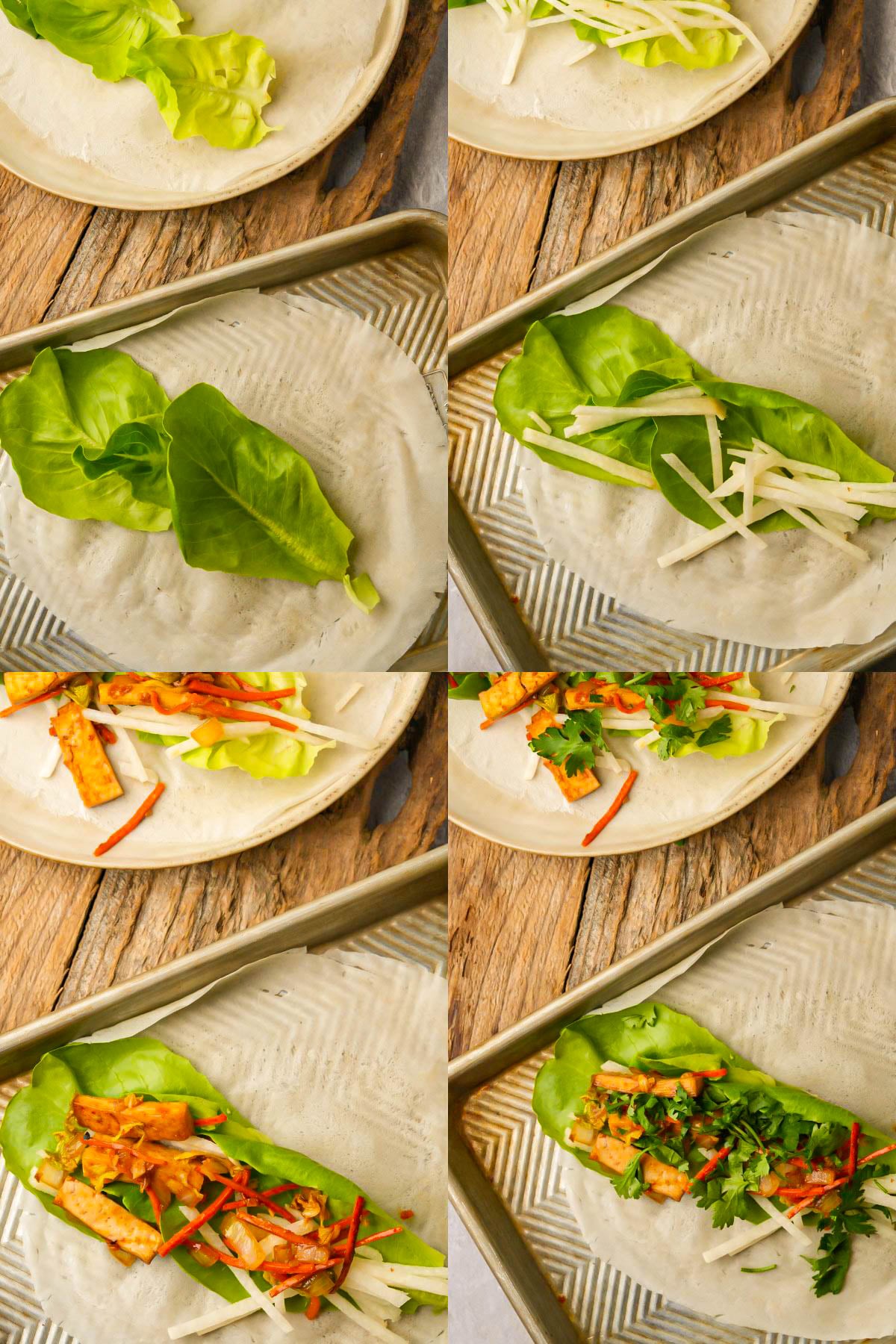 Four-step collage showing how to assemble a fresh lumpiang sariwa roll: layering a lettuce leaf, julienned vegetables, cooked tofu, and cilantro on a rice paper wrap, all on a wooden and metal tray.