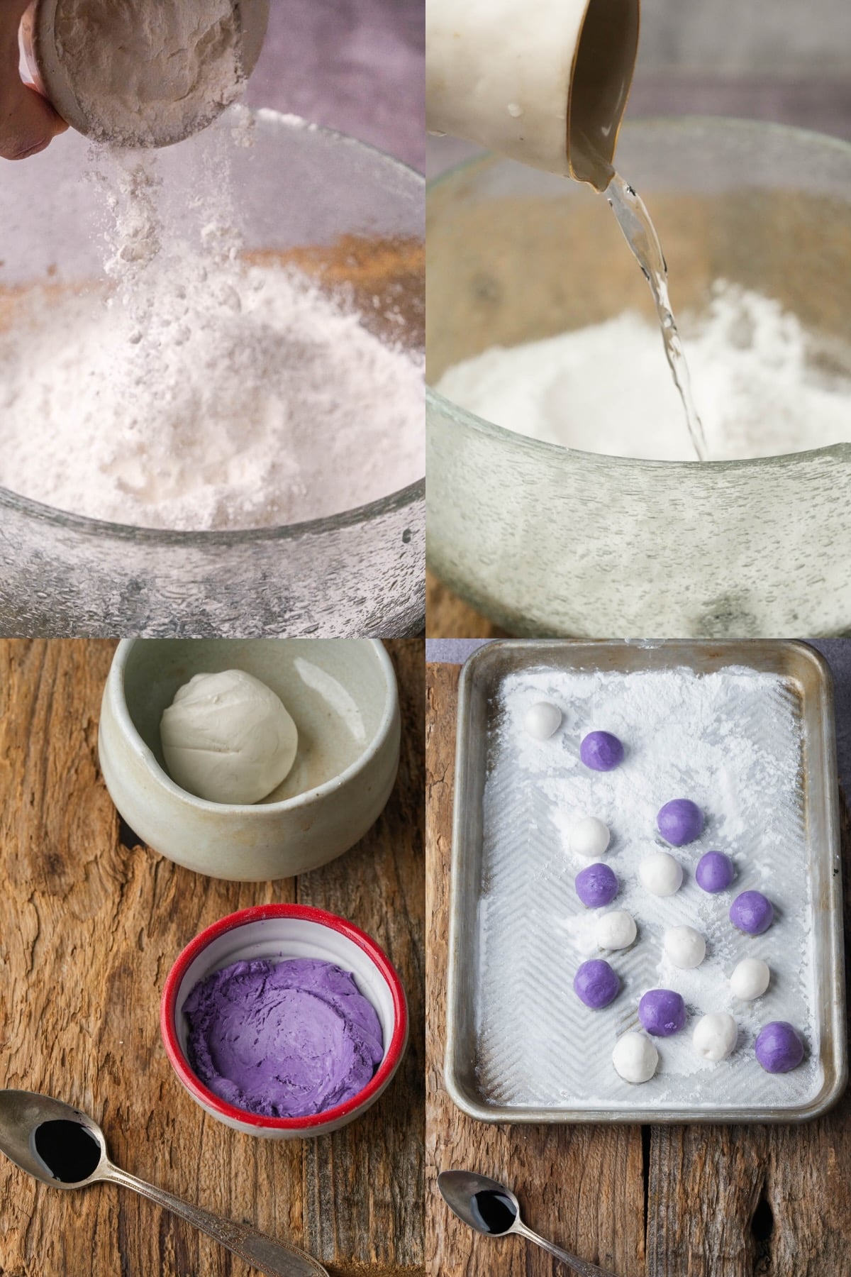 A collage of four images shows making dough for bilo bilo dumplings: pouring flour into a bowl, adding water, a bowl of white dough and ube dough, and a tray with white and purple dough balls dusted with rice flour.