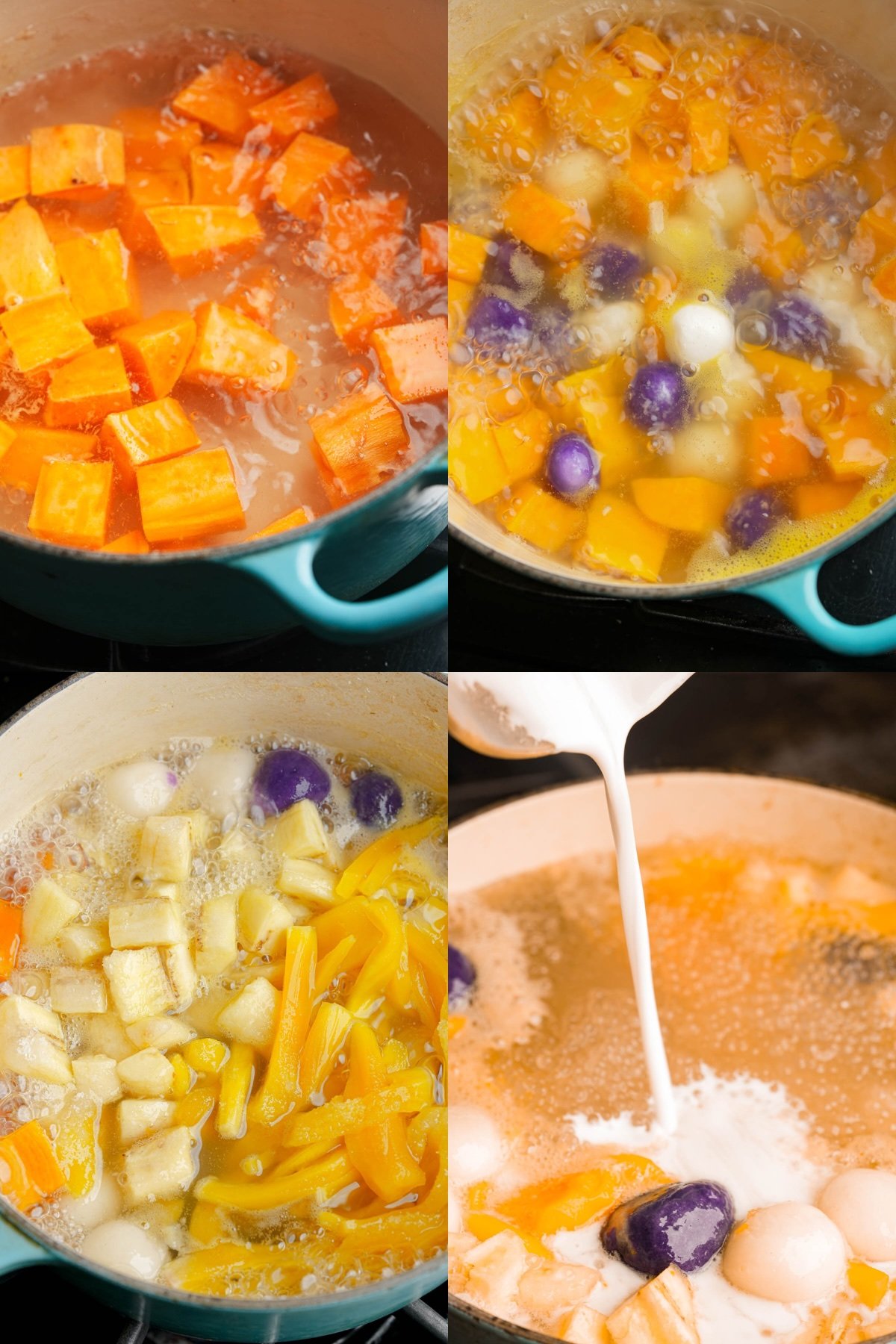 Four images show different stages of cooking bilo bilo: diced orange sweet potatoes boiling, rice flour dumplings added added, yellow jackfruit, sugar and bananas simmering, and coconut milk being poured in.