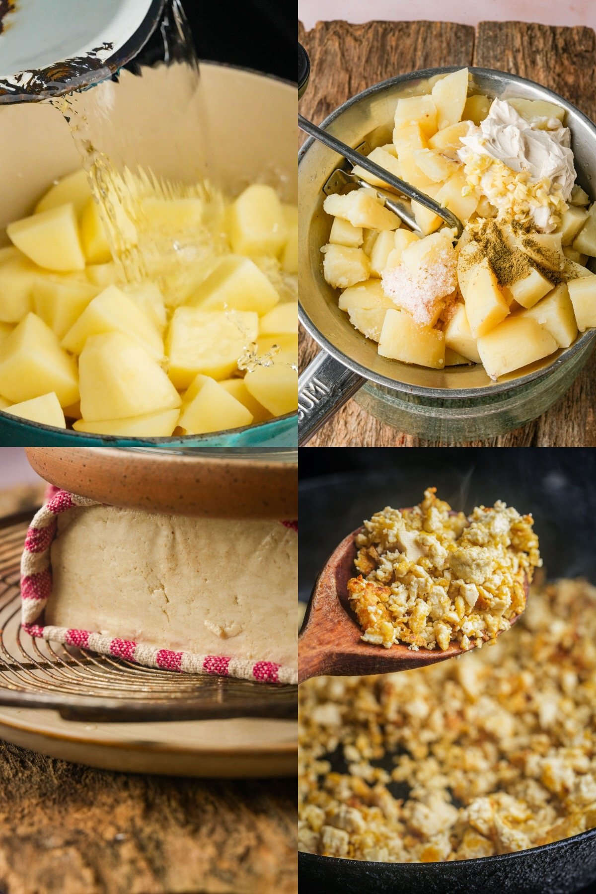 Four-photo collage: pouring water over peeled potato chunks in a pot, mixing diced potatoes with seasonings and cream, dough resting in a cloth-lined bowl, and crumbly cooked Vegan Shepherds Pie filling on a wooden spoon above a skillet.