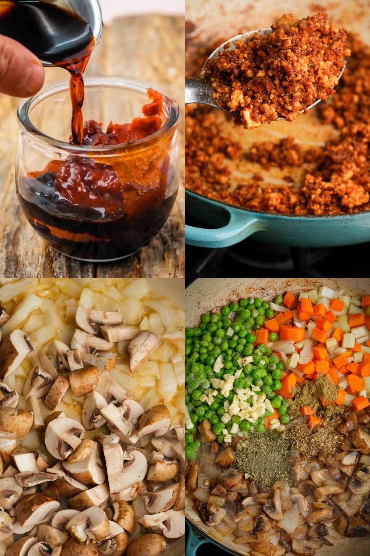 Four images show steps for Vegan Shepherds Pie: pouring liquid into a jar of sauce, stirring a spiced ground mixture in a pan, cooking chopped onions and mushrooms, and sautéing peas, carrots, celery, and seasonings.
