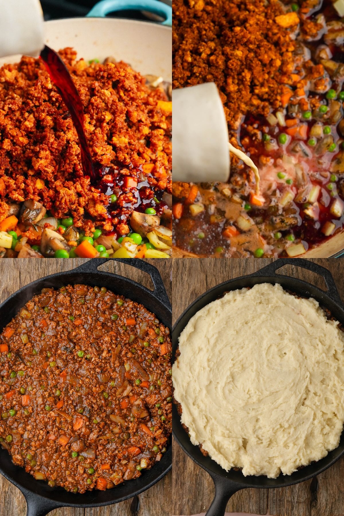 A collage of four images shows the process of making Vegan Shepherds Pie: cooking plant-based ground meat with vegetables, adding liquid, simmering the mixture, and topping it with mashed potatoes in a skillet.