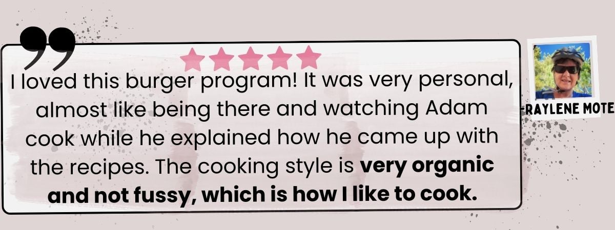 A customer review with five pink stars praises the Vegan Burger Cooking Class for its personal and organic cooking style. A small photo of a smiling woman labeled 