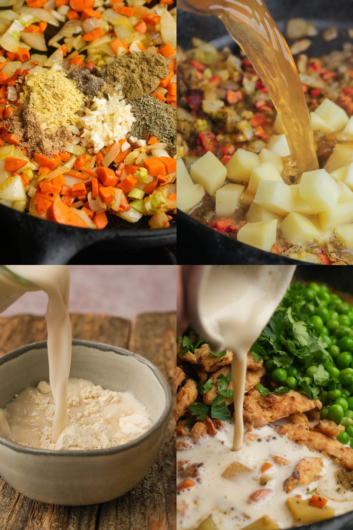 Four images show a vegan pot pie filling being made: chopped vegetables and spices in a pan, broth poured over potatoes, cream poured into a bowl of flour, and creamy sauce poured over the contents of the pan with peas and soy curls.