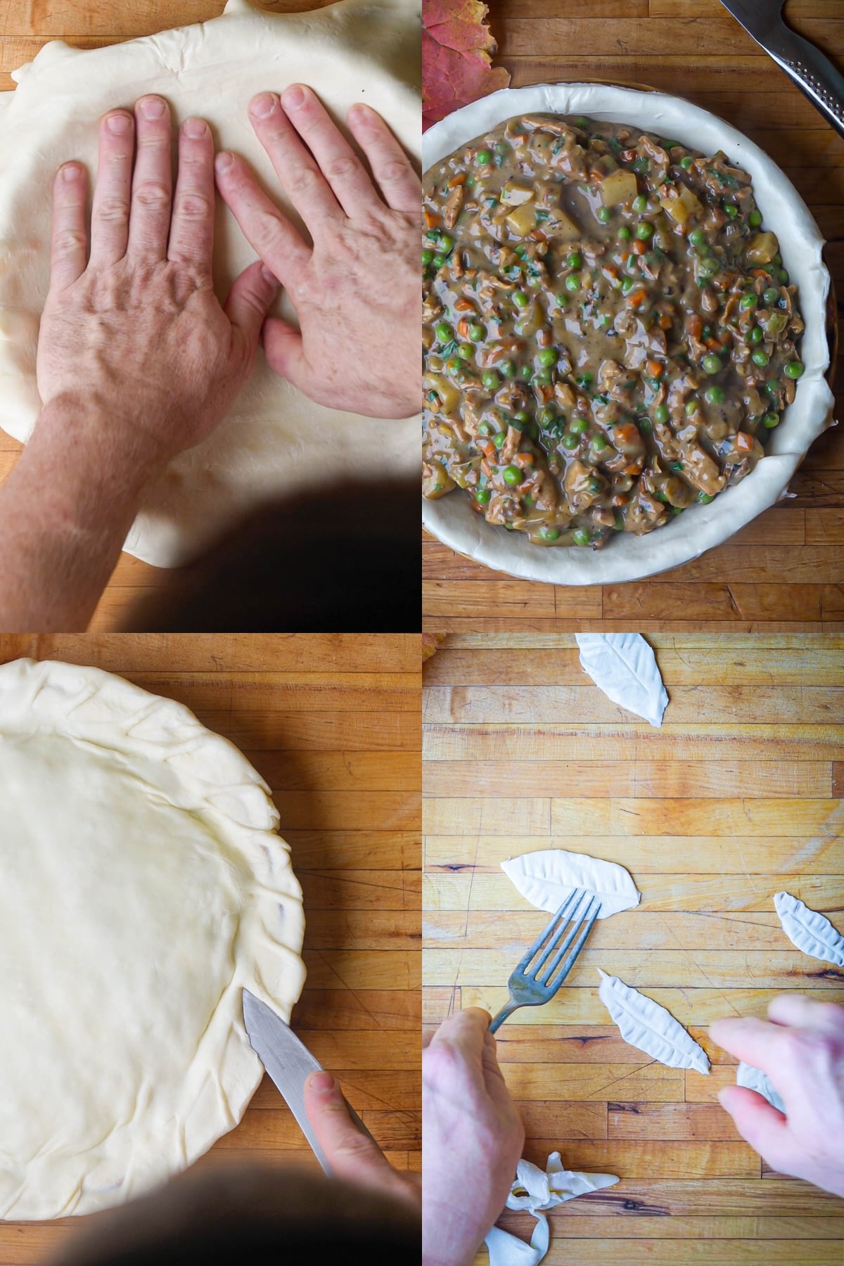 A collage of four images showing hands assembling a vegan pot pie: placing dough in a pan, filling it with a vegetable mixture, sealing the crust, and shaping decorative leaves from dough with a knife and fork.