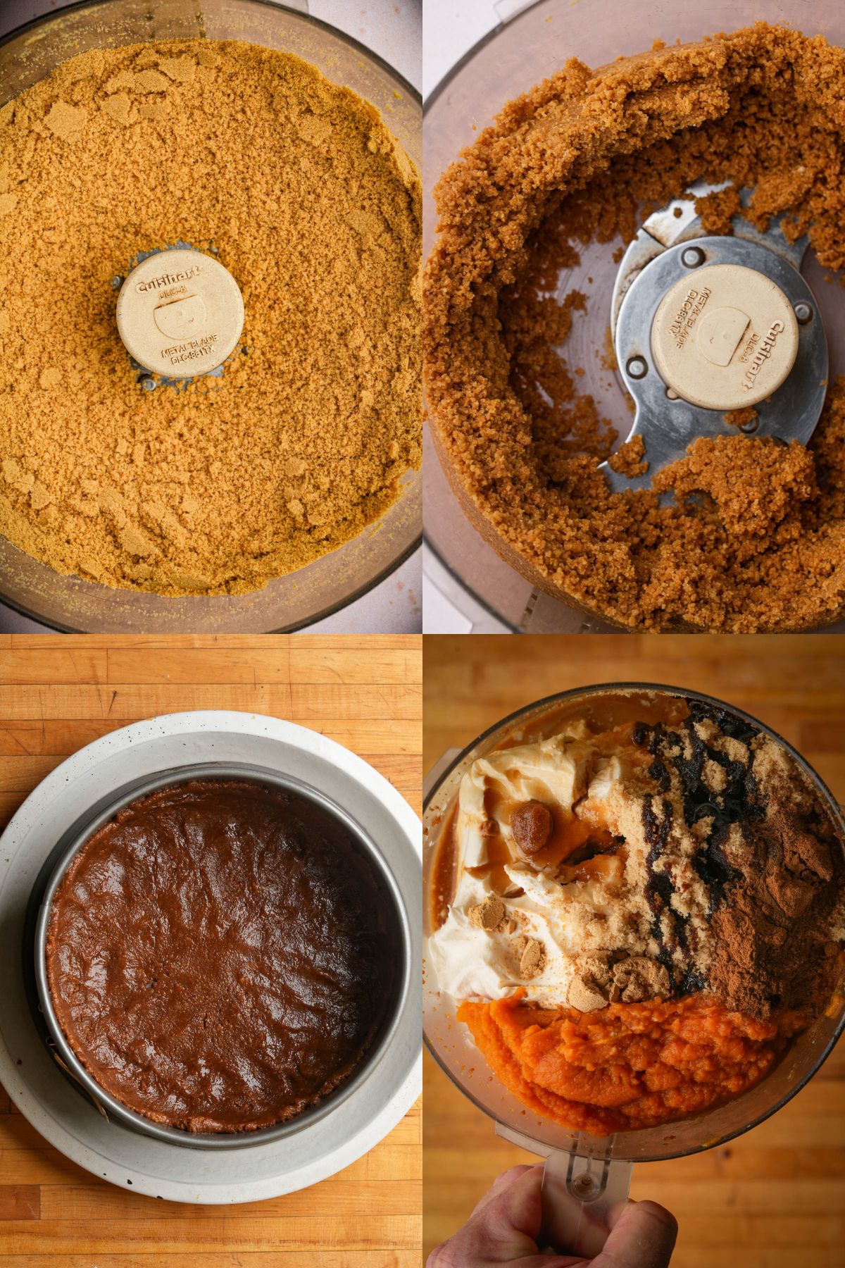 A four-panel image shows: crushed graham crackers in a food processor, graham cracker crumbs mixed with butter, a baked pie crust, and a bowl of ingredients like pumpkin puree, sugar, and spices for Vegan Pumpkin Cheesecake.