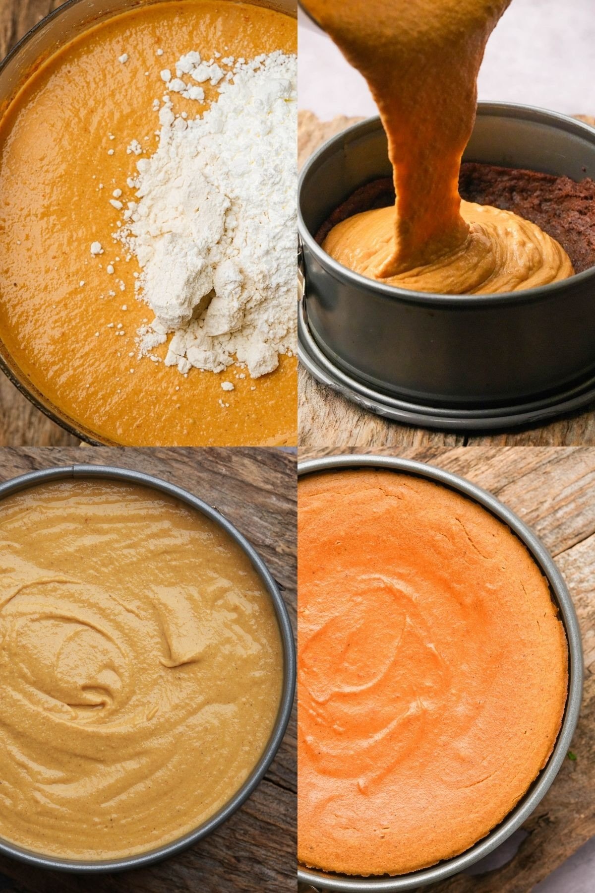 A collage of four images shows the process of making a Vegan Pumpkin Cheesecake: mixing batter with flour, pouring it into a pan, smoothing the top, and the finished baked cheesecake in a round pan.