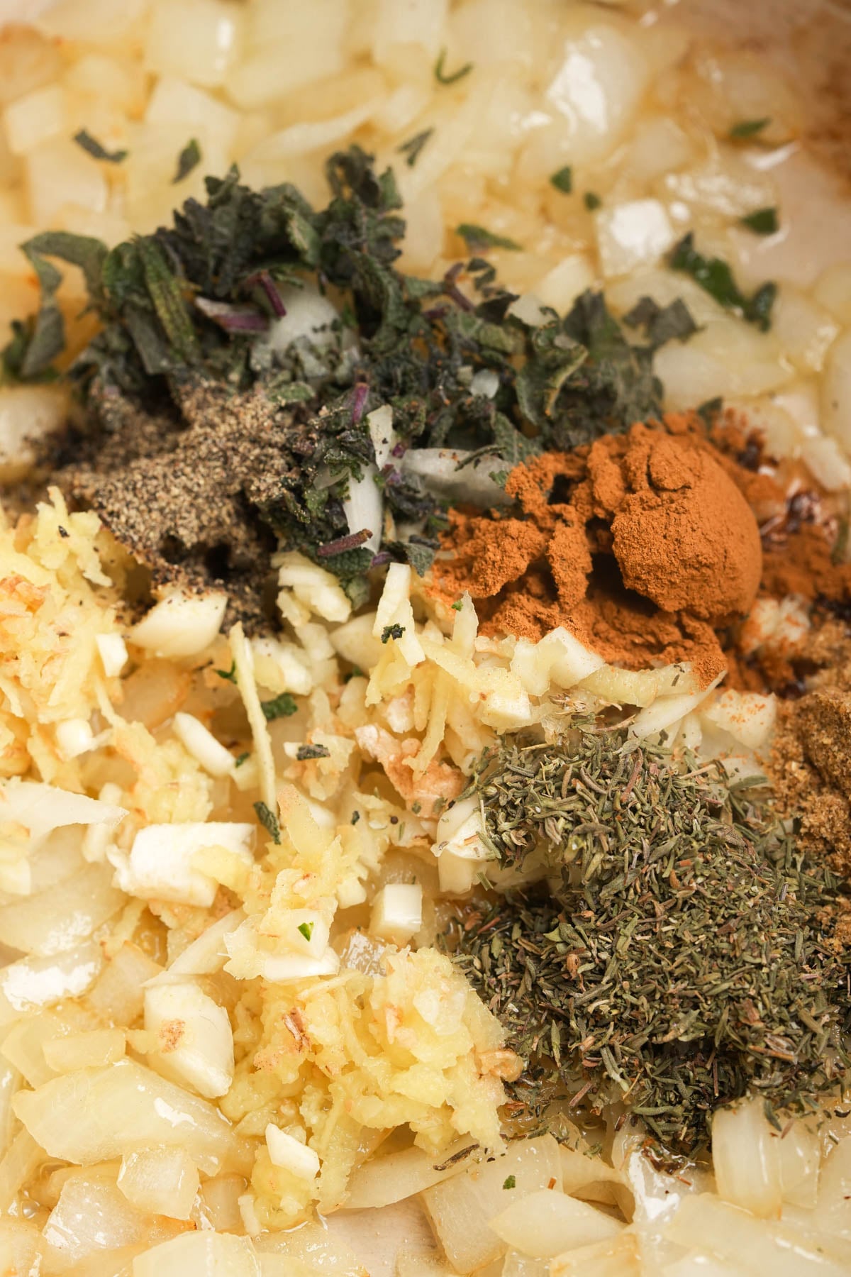 Chopped onions, minced garlic, and grated ginger are mixed with dried herbs, ground black pepper, ground cinnamon, and other spices, creating a colorful and aromatic blend.