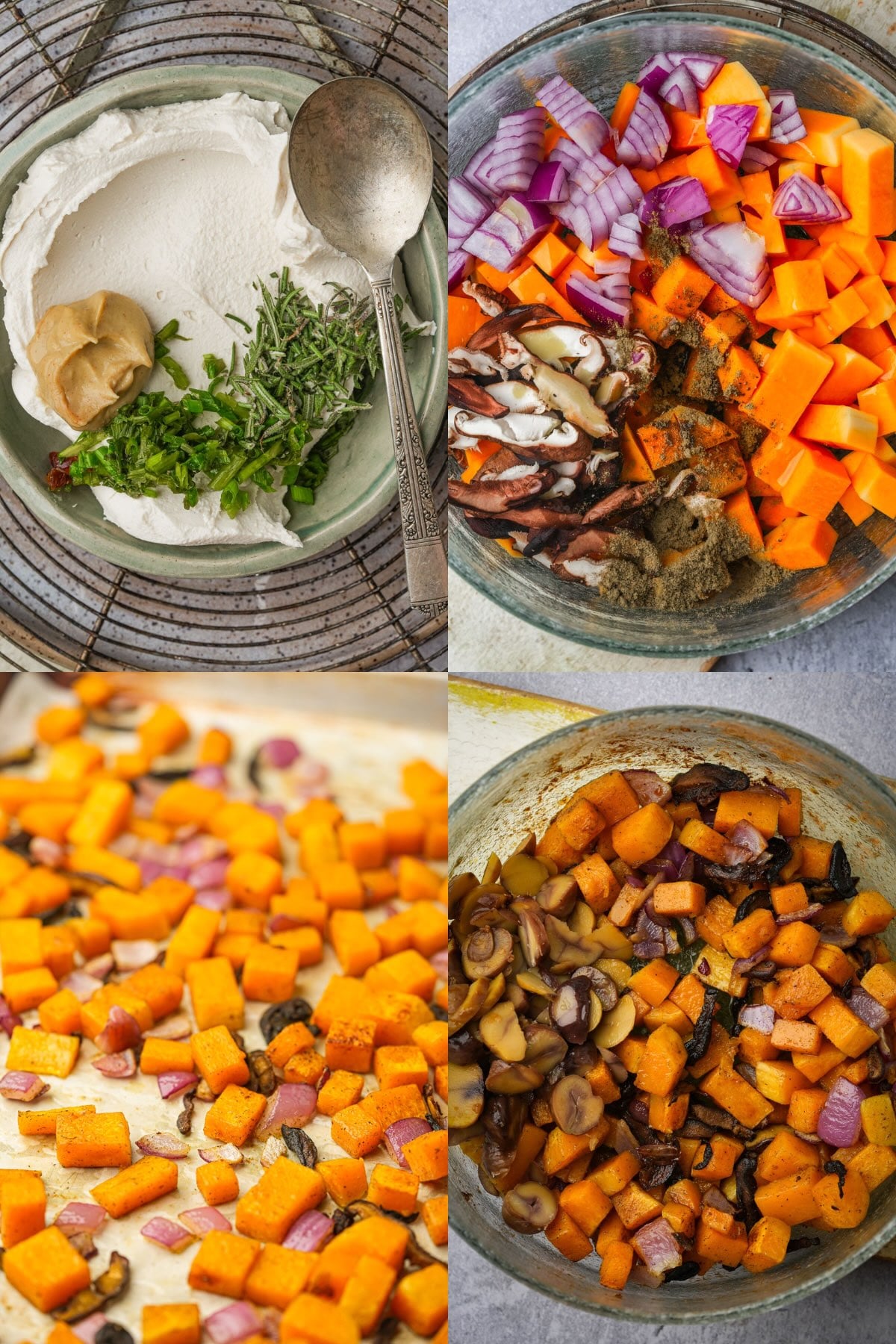 Four images show a cooking process: creamy spread with herbs on a plate; chopped vegetables and sauce in a bowl; roasted orange and purple vegetables-perfect for butternut squash crostini-on a tray; and roasted vegetables mixed in a bowl.