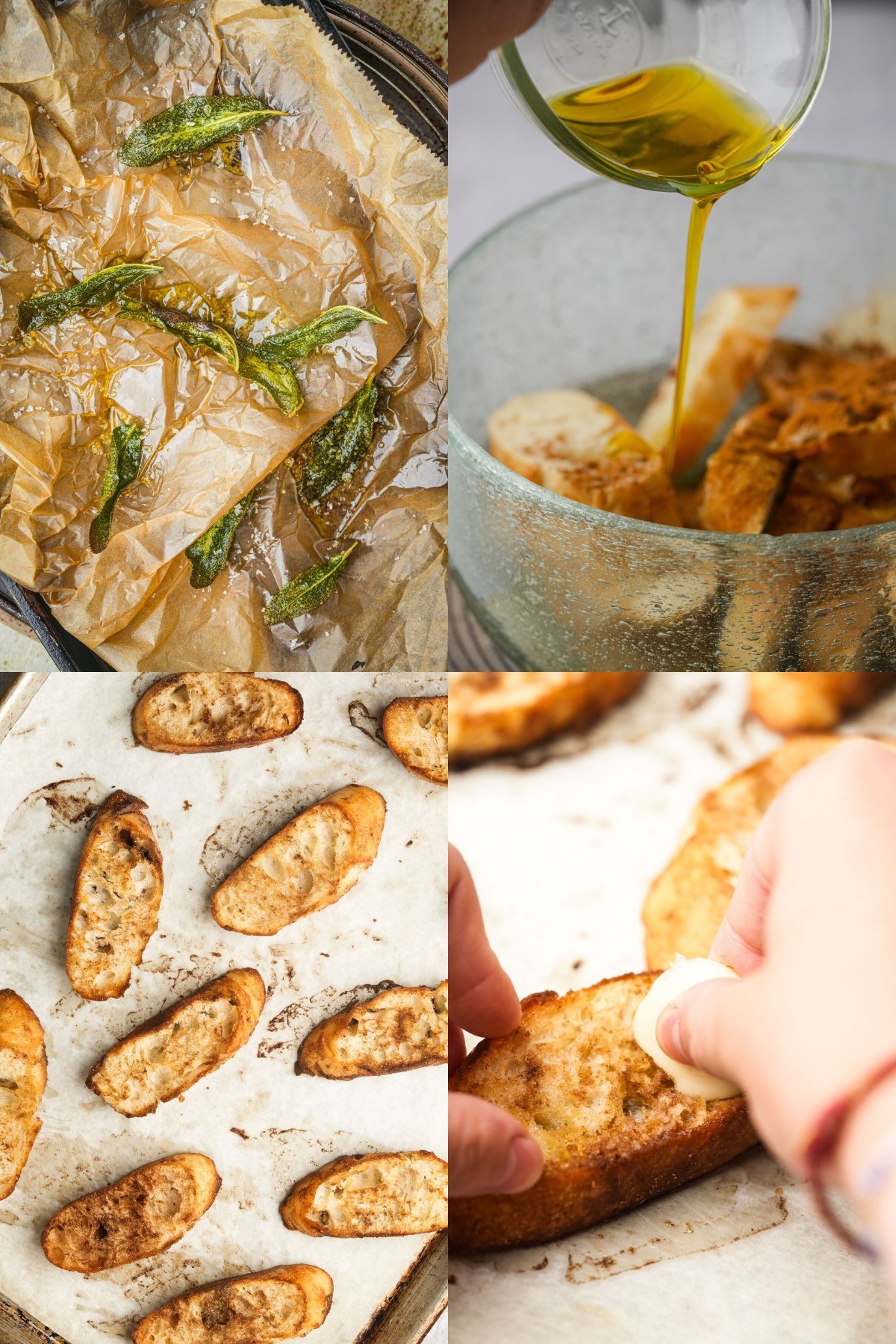 A four-panel collage showing: fried herbs on parchment, olive oil poured over sliced bread, bread slices baking on a tray, and a hand rubbing garlic on a toasted bread slice-perfect steps for making butternut squash crostini.