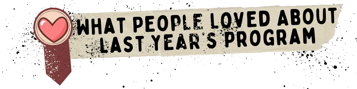 A banner with a heart icon and bold text that reads, What people loved about last year's Vegan Thanksgiving program, on a brushstroke background with paint splatters.