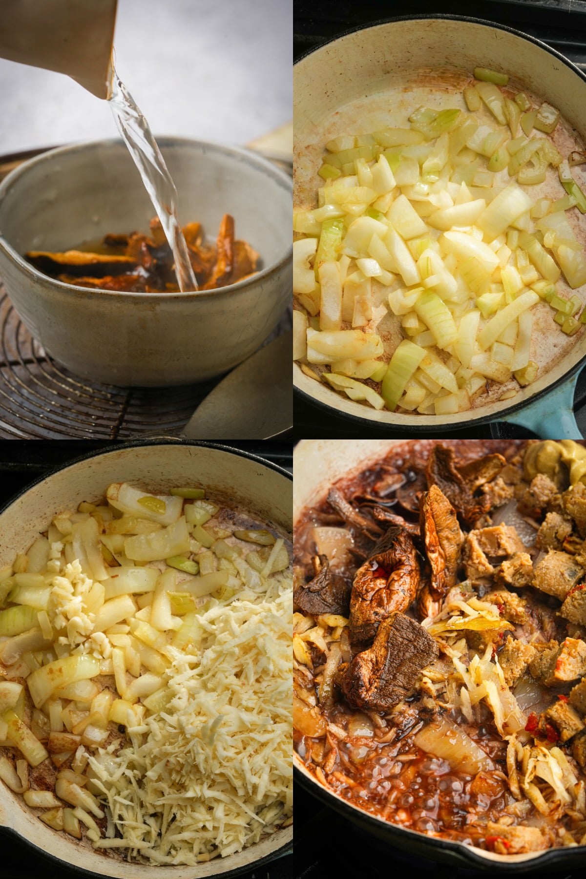 A collage of four images shows stages of cooking: pouring liquid over dried peppers, sautéing onions and celery, adding grated potato, and the finished stew-perfect alongside vegan sausage rolls.