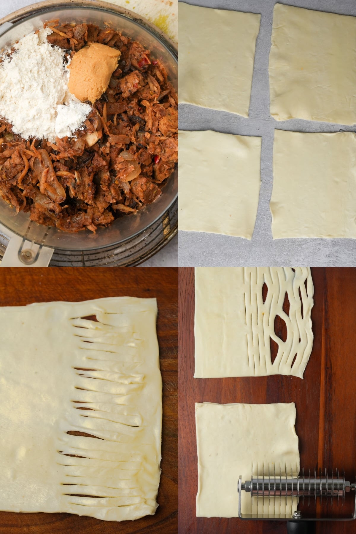 A collage showing pulled meat mixture with flour in a bowl, four squares of dough, one dough square with slits for vegan sausage rolls, and a dough-cutting tool beside two patterned dough squares.