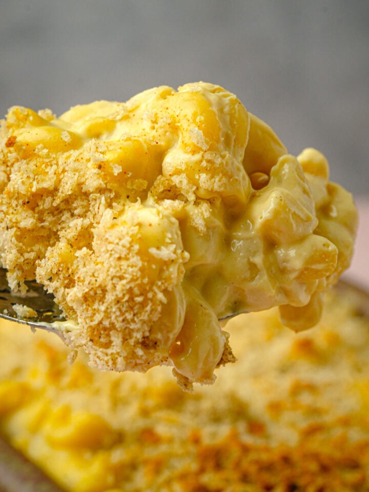 A close-up of a forkful of creamy vegan truffle mac and cheese, topped with golden, crispy breadcrumbs, held above a baking dish filled with more rich macaroni and cheese.