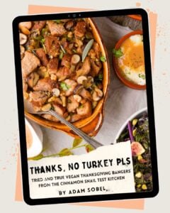 A digital tablet displays a vegan Thanksgiving dish of stuffing with mushrooms and nuts, accompanied by gravy and a purple cabbage side. The cover text reads: Thanks, No Turkey Pls by Adam Sobel.