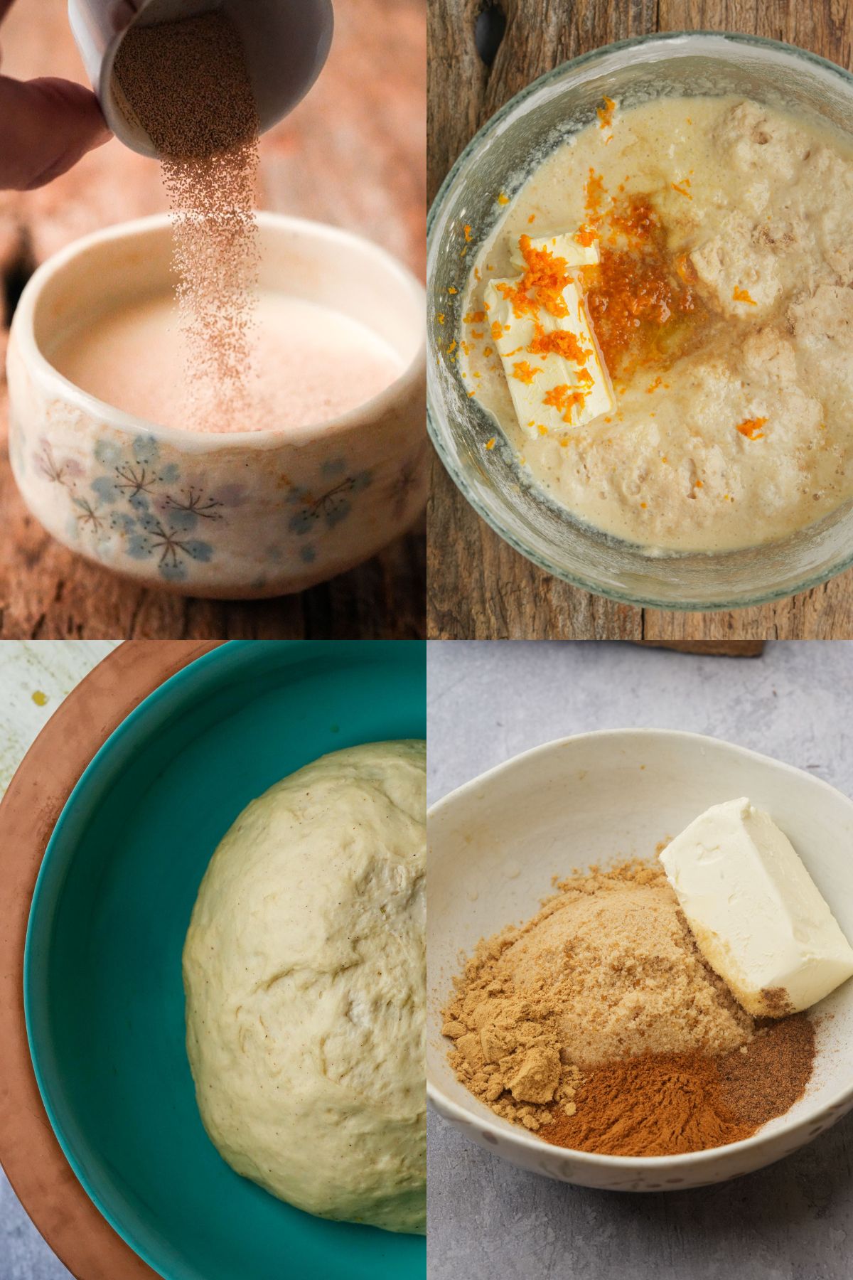 A collage of four images: yeast being poured into a bowl, dough mixture with butter and orange zest, risen dough for Gingerbread Star Bread in a teal bowl, and a bowl with flour, butter, and spices.