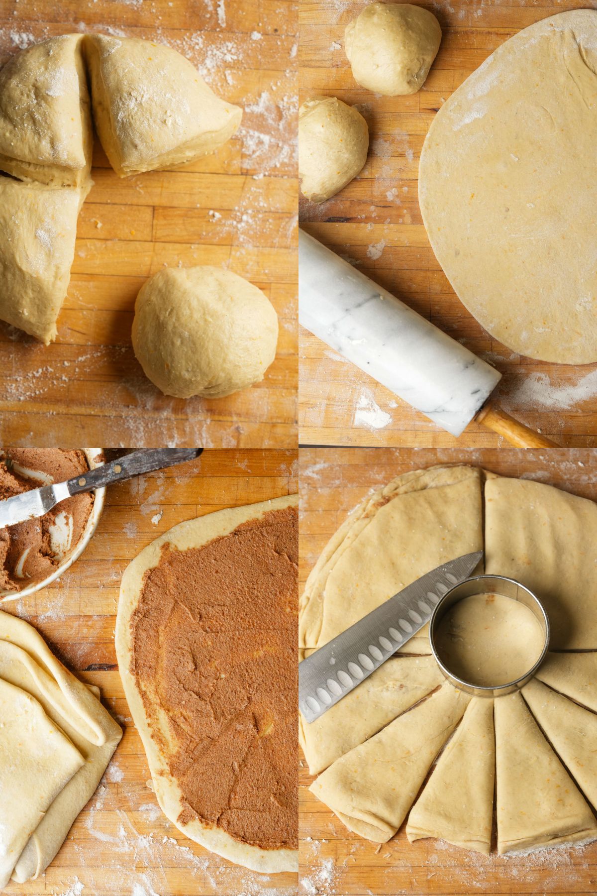 A four-panel image shows Gingerbread Star Bread dough being divided, rolled out with a rolling pin, spread with a cinnamon mixture, then cut into segments with a round cutter on a floured wooden surface.