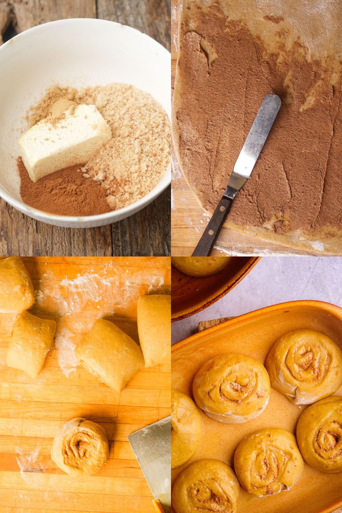 A four-panel collage showing Gingerbread Cinnamon Rolls in the making: butter, sugar, and cinnamon in a bowl; dough spread with cinnamon mixture; dough cut into rolls; and baked rolls in a baking dish.