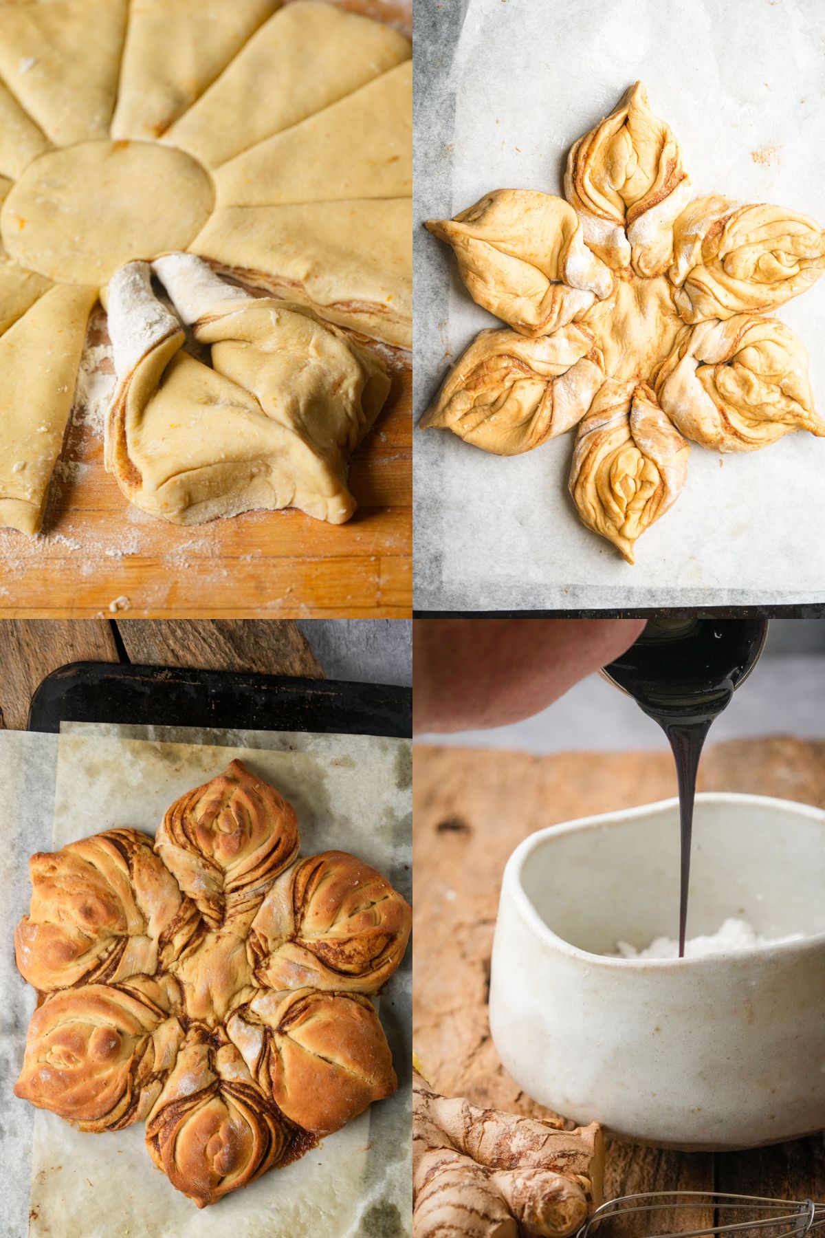 A four-panel collage shows steps of making Gingerbread Star Bread: dough cut and folded into shapes, assembled into a star, baked golden, and chocolate glaze being poured into a bowl nearby.