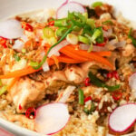 A bowl of Vietnamese sticky rice topped with sliced radishes, shredded carrots, green onions, chili slices, and a creamy sauce. The dish is garnished with fried shallots and vegan meat floss.