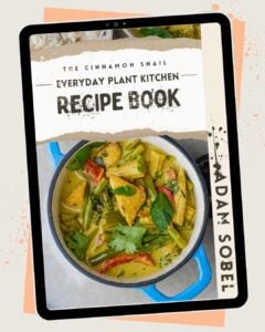 A cookbook cover displayed on a tablet shows a pot of colorful plant-based curry with vegetables and herbs. The title reads The Cinnamon Snail Everyday Plant Kitchen Recipe Book by Adam Sobel.