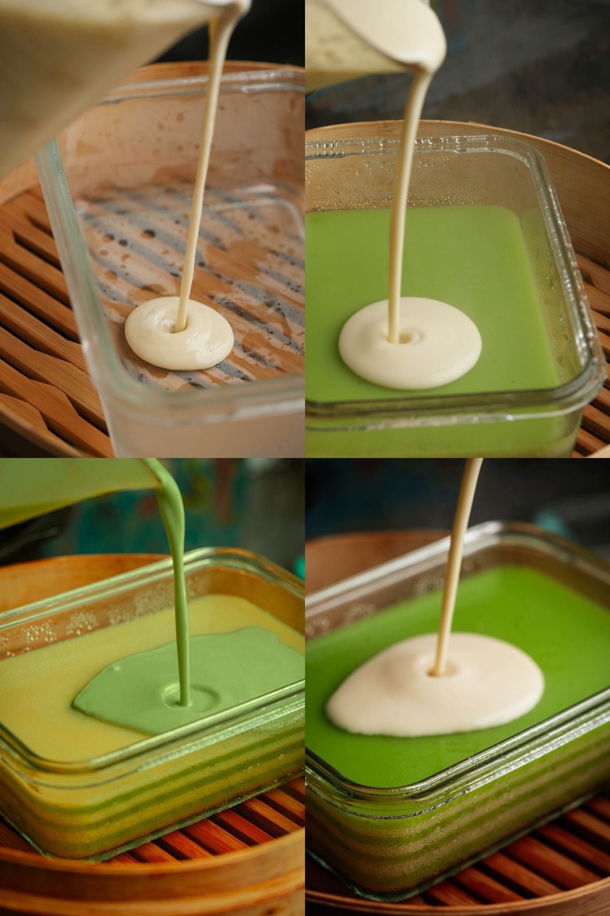Four close-up photos show creamy mixtures being poured in layers-white and green-into a glass rectangular dish, illustrating the step-by-step process of making banh da lon.