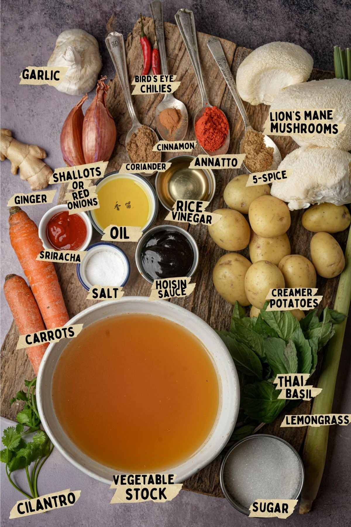 Labeled ingredients for a vegan bo kho recipe on a wooden board, including garlic, birds eye chilies, cinnamon, coriander, annatto, lion's mane mushrooms, shallots or red onions, oil, rice vinegar, 5-spice, potatoes, carrots, ginger, sriracha, salt, hoisin sauce, Thai basil, lemongrass, sugar, cilantro, and a bowl of vegetable stock.