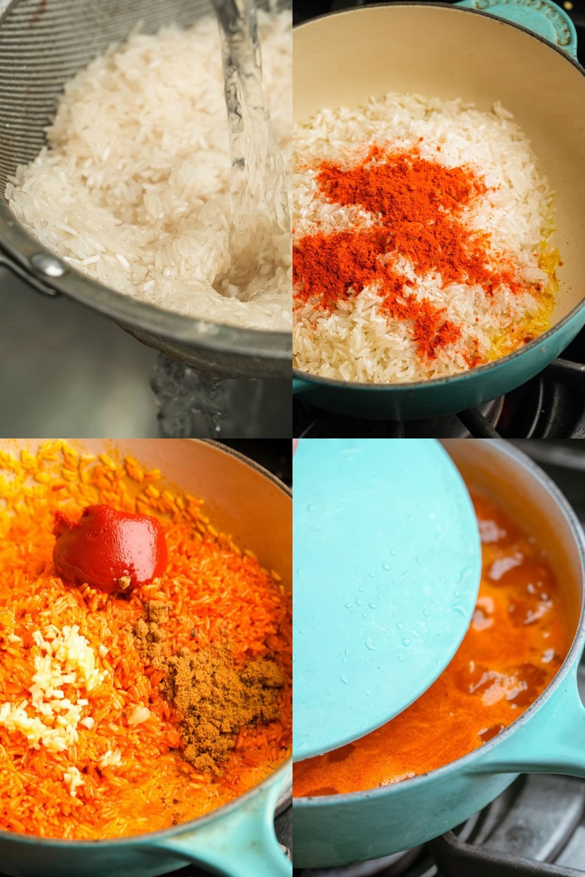A collage shows four steps of cooking rice: rinsing uncooked rice, adding spices to rice in a pot, mixing in tomato paste and more spices, and simmering the mixture with a covered lid on the stove.