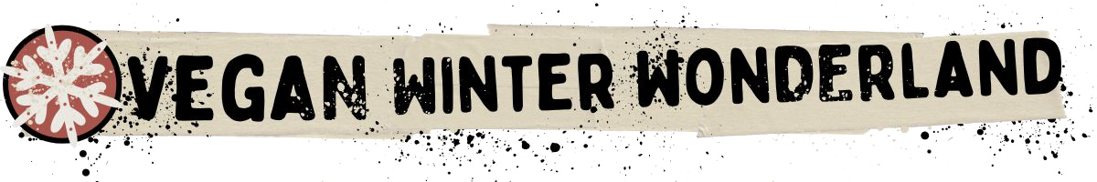 A banner with a red and white snowflake icon on the left and the words Vegan Winter Wonderland in bold black letters on a beige, paint-stroke style background with black splatters-perfect for showcasing festive vegan recipes.