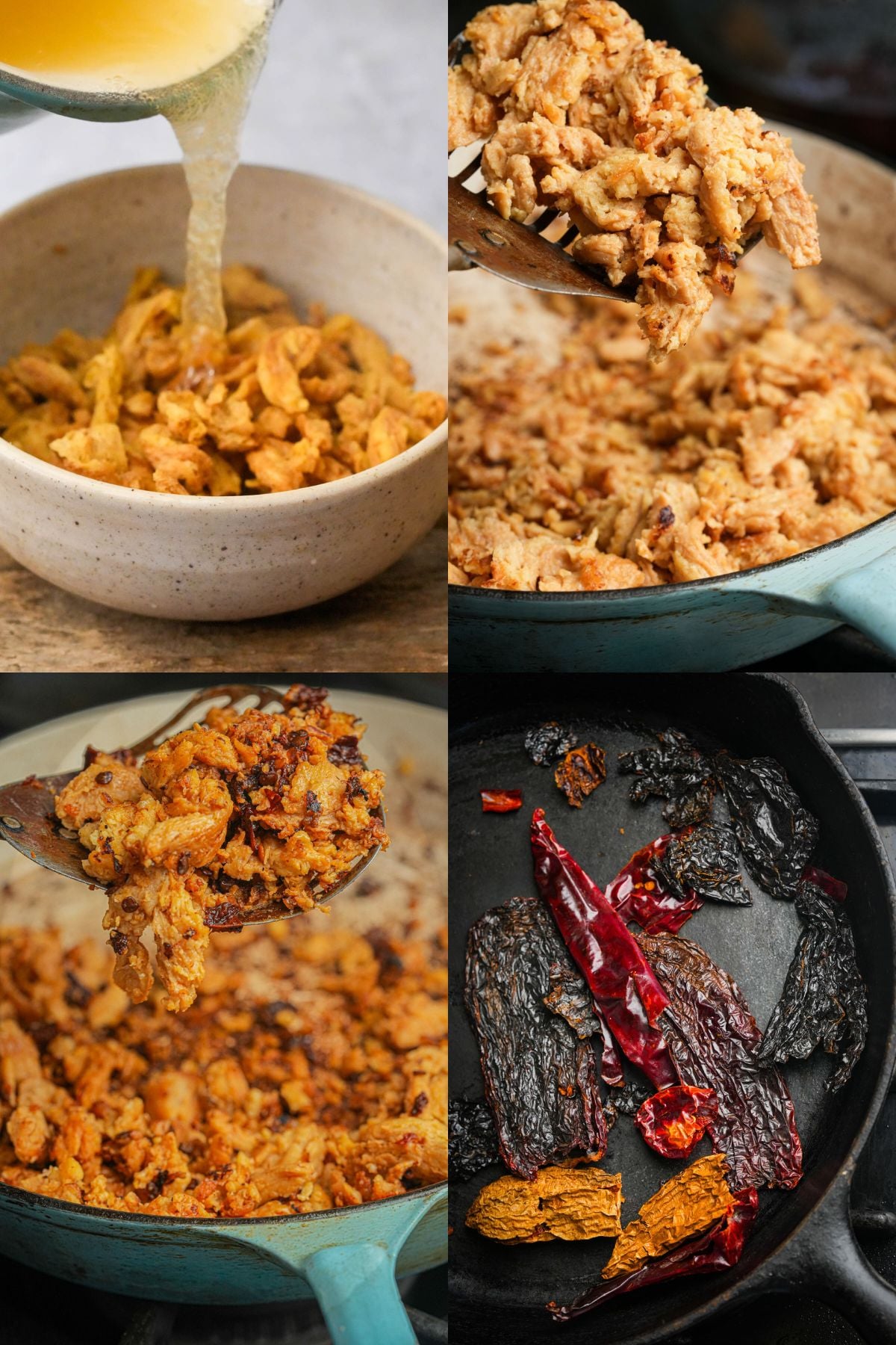 Four images show the process of making vegan chorizo for Vegan Pozole Rojo: pouring broth over crumbled tofu, sautéing the tofu, browning it further, and dried chilies roasting in a cast iron pan.