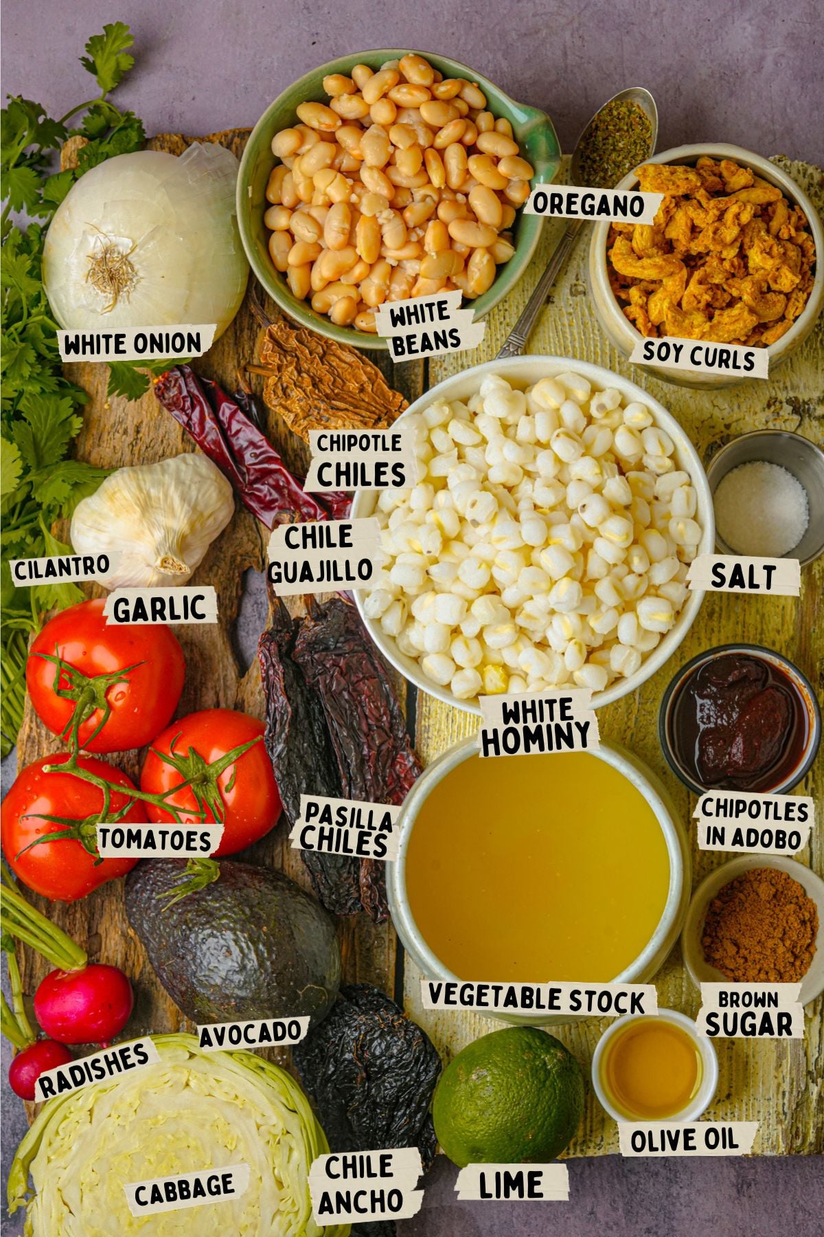 A variety of labeled ingredients for vegan pozole rojo recipe, including white hominy, white beans, tomatoes, onion, avocado, garlic, cabbage, radishes, chiles, lime, cilantro, soy curls, oregano, salt, brown sugar, olive oil, and vegetable stock.