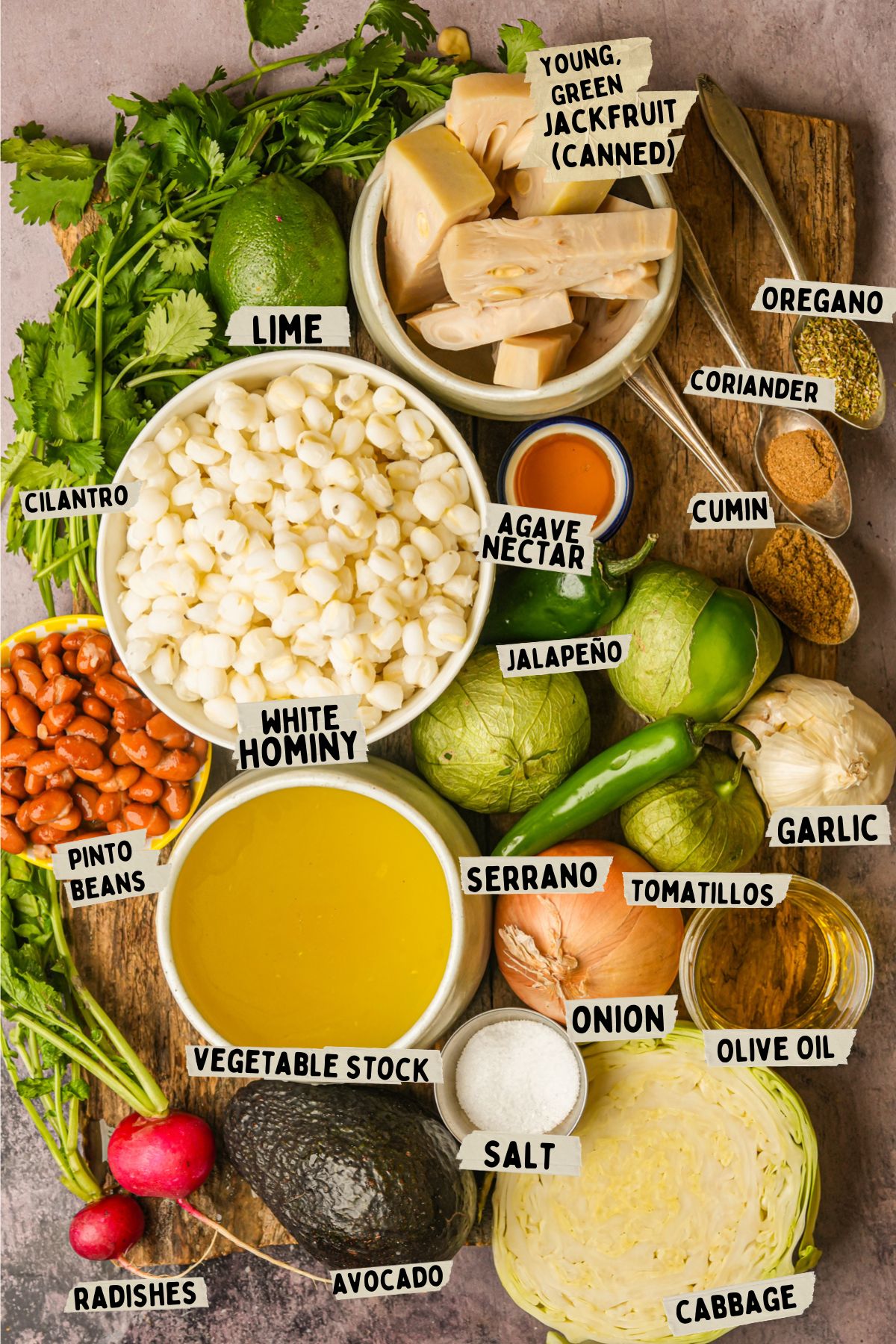 A flat lay of ingredients for a vegan pozole verde recipe, including canned green jackfruit, lime, cilantro, white hominy, pinto beans, vegetable stock, radishes, avocado, jalapeño, serrano, tomatillos, onion, garlic, cabbage, olive oil, salt, and spices.