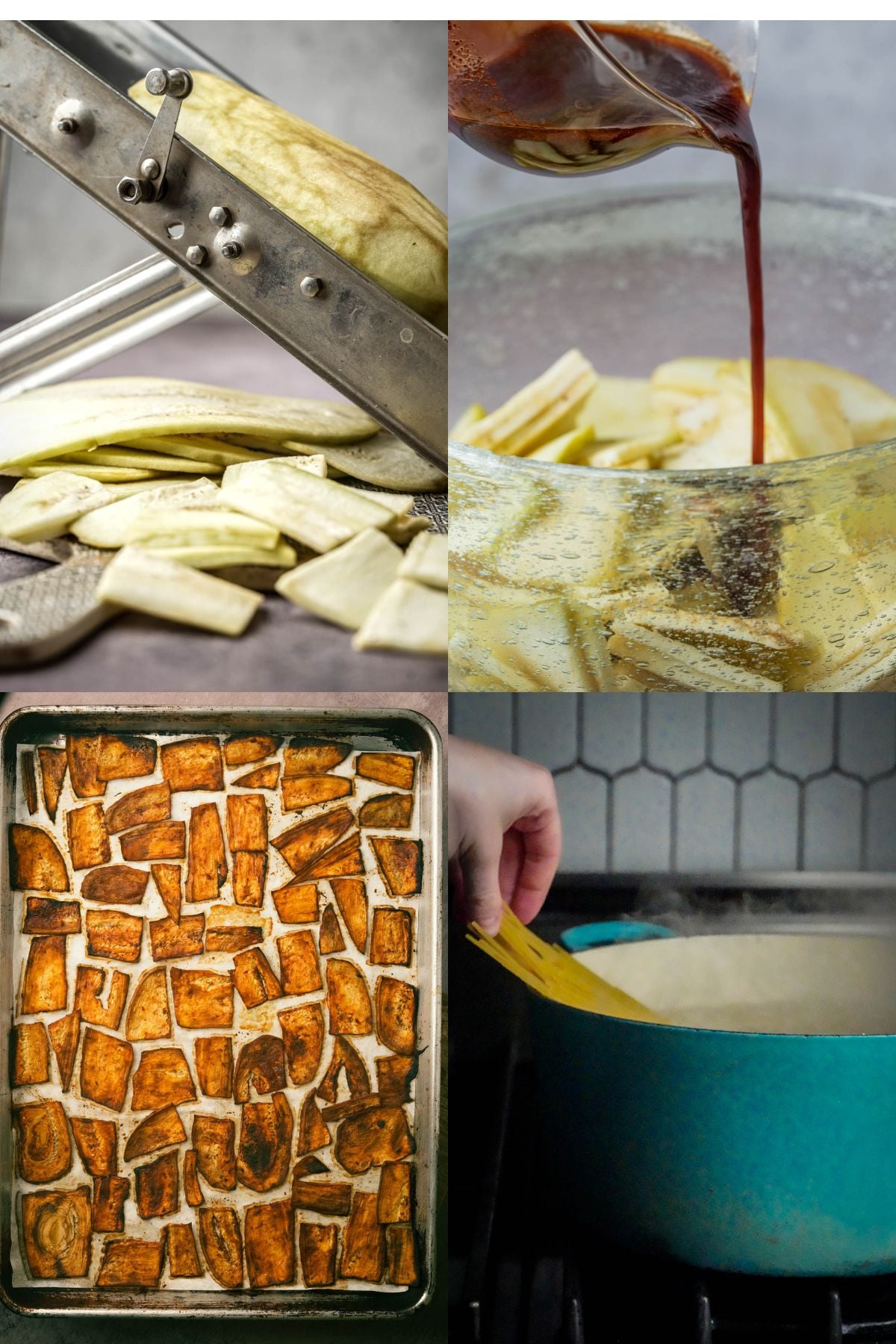 A four-panel collage shows: sliced eggplant on a mandoline slicer, liquid being poured over eggplant strips, roasted eggplant pieces on a baking sheet, and a hand adding eggplant to a blue pot for Vegan Carbonara on the stovetop.