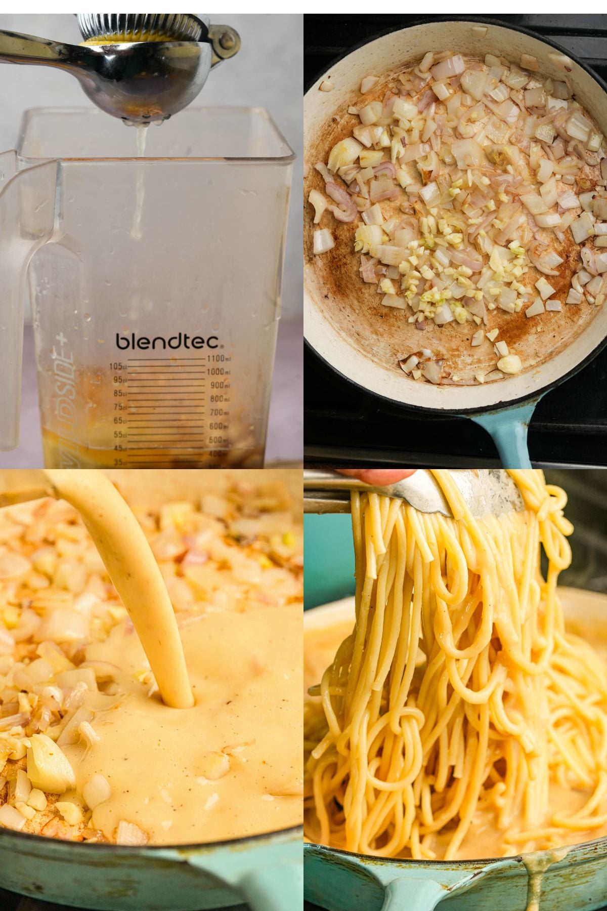 A collage of four images: lemon juice being squeezed into a blender cup, onions and garlic sautéing in a pan, creamy Vegan Carbonara sauce poured over the sautéed mixture, and cooked spaghetti being lifted from the sauce with tongs.