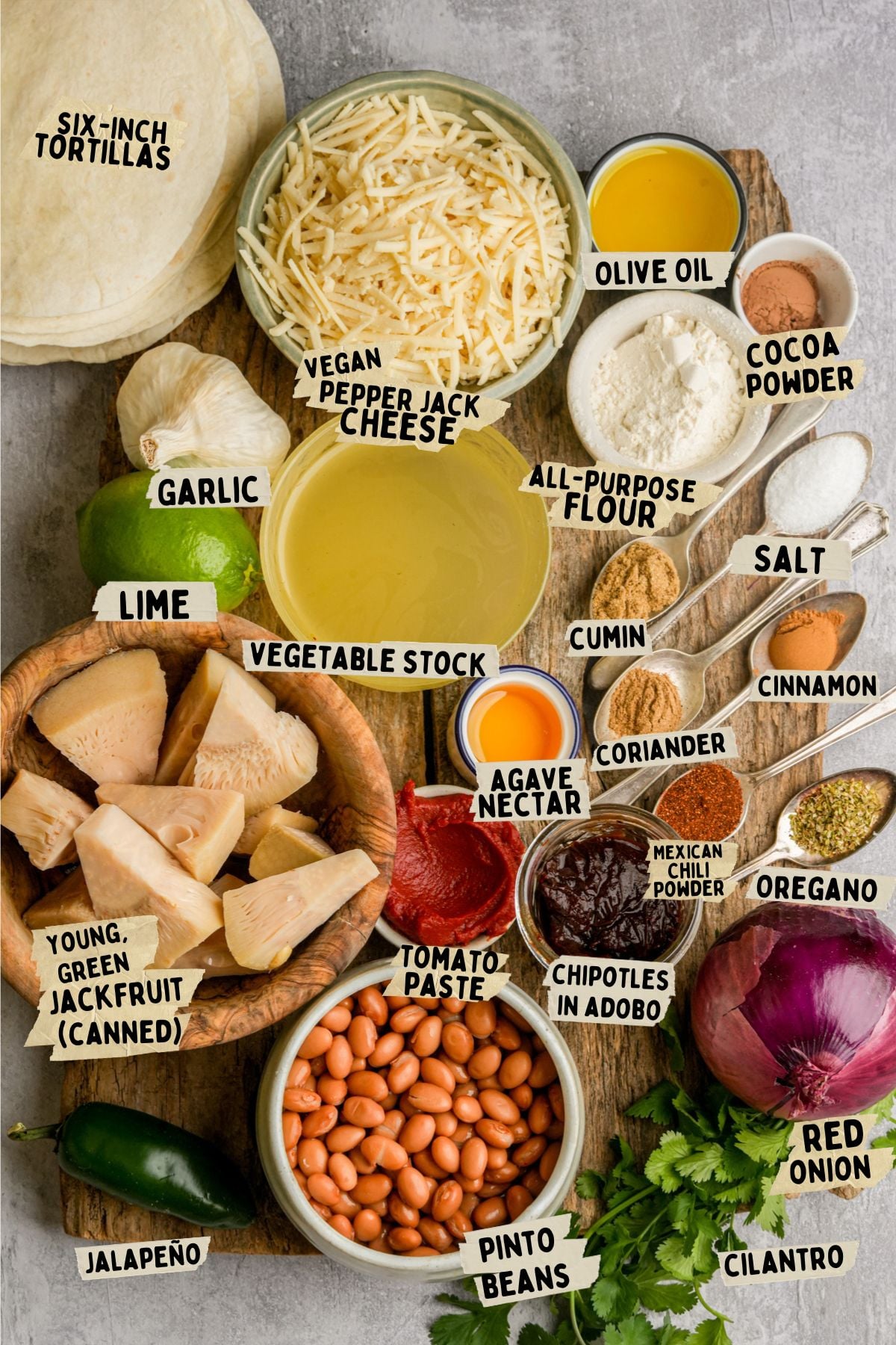 A top-down view of various labeled ingredients for making jackfruit enchiladas including tortillas, jackfruit, pinto beans, cheese, garlic, lime, onion, cilantro, spices, vegetable stock, tomato paste, chipotles, and jalapeño.