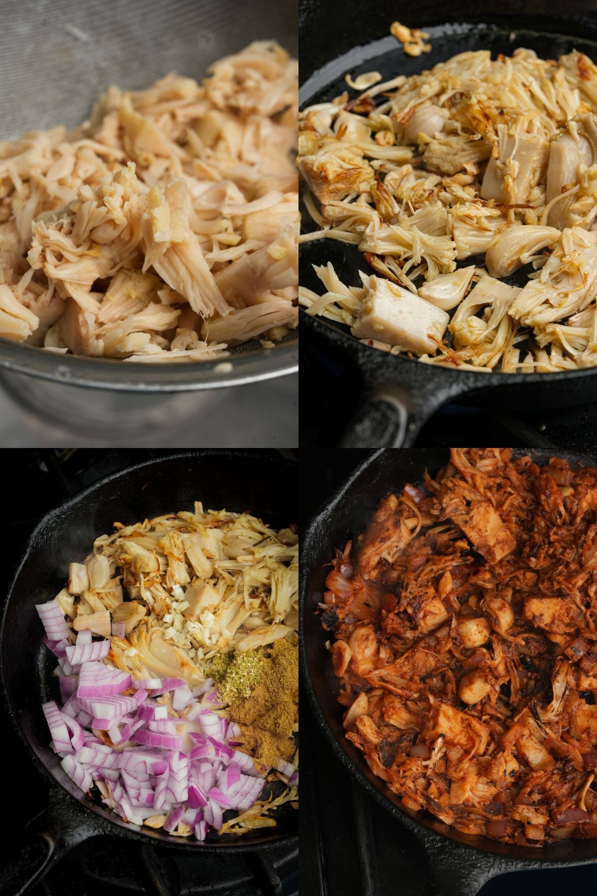 A four-panel collage shows jackfruit being prepped and cooked: shredded jackfruit in a bowl, jackfruit sautéing in a pan, jackfruit with chopped onions and spices, and jackfruit mixture cooked with sauce.