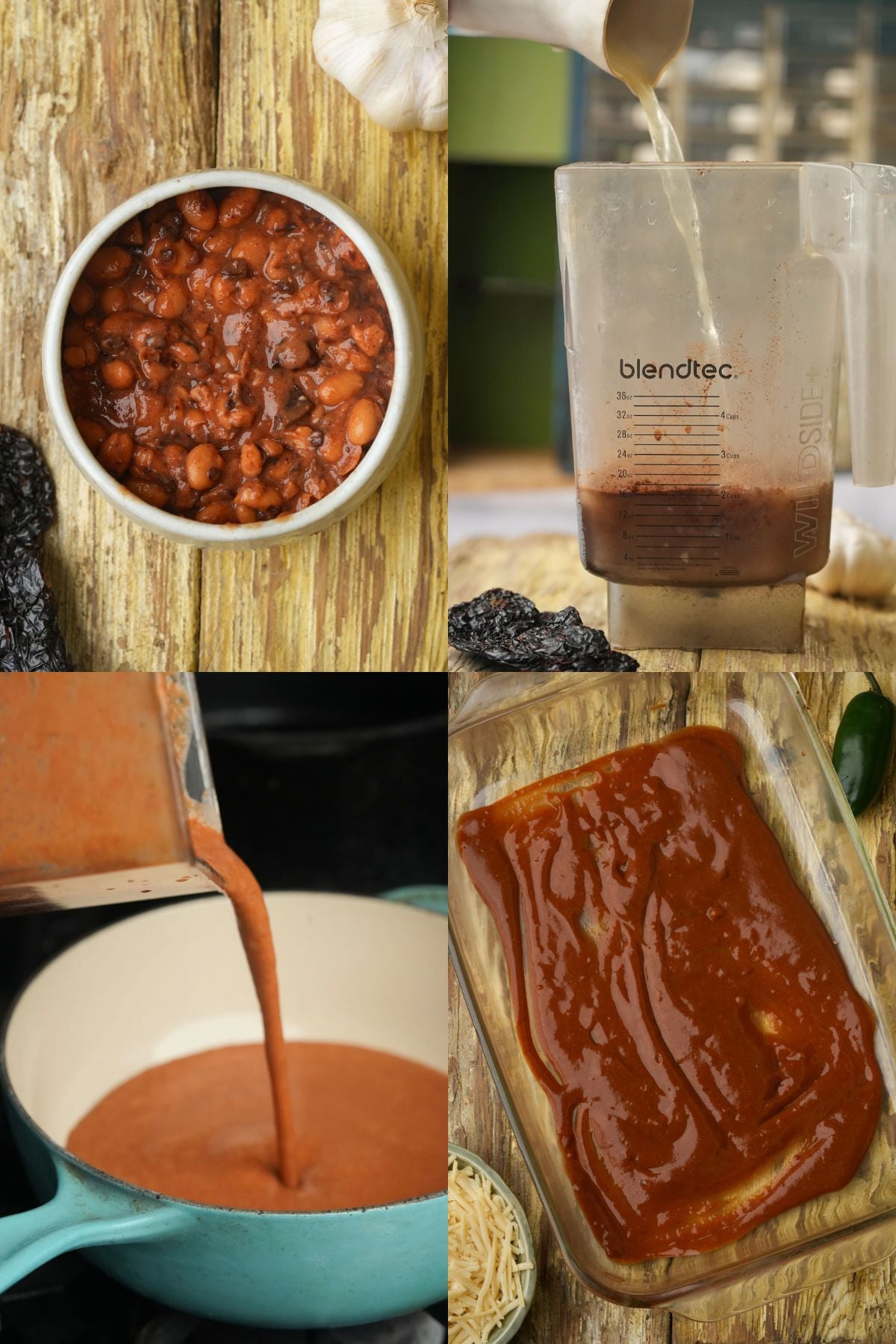 A four-panel image shows: a bowl of seasoned beans, broth being poured into a blender with spices, blended sauce being poured into a pot, and a casserole dish with red enchilada sauce spread over the bottom.