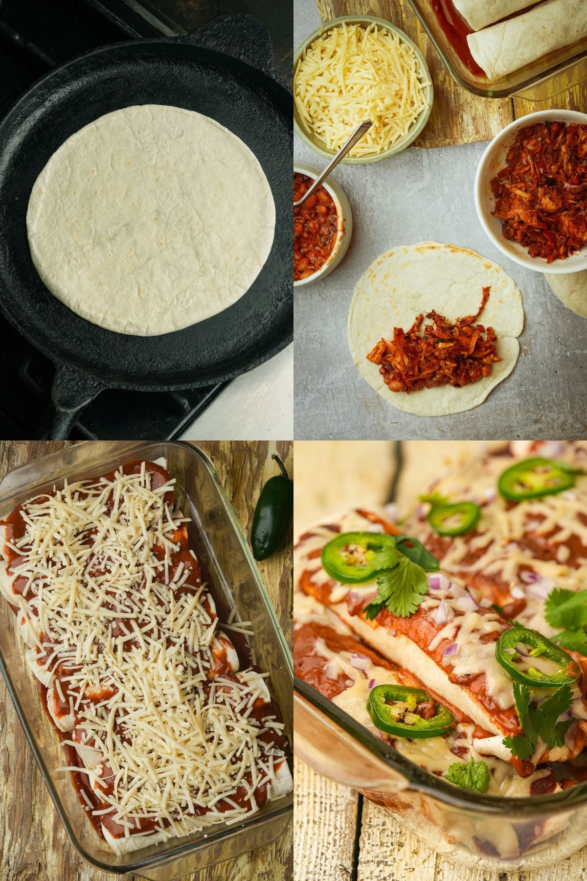 A four-panel collage shows: a tortilla heating in a pan; cheese, sauce, and jackfruit on a table with a tortilla being filled; a baking dish of enchiladas topped with cheese; and a close-up of baked enchiladas with jalapeños and cilantro.