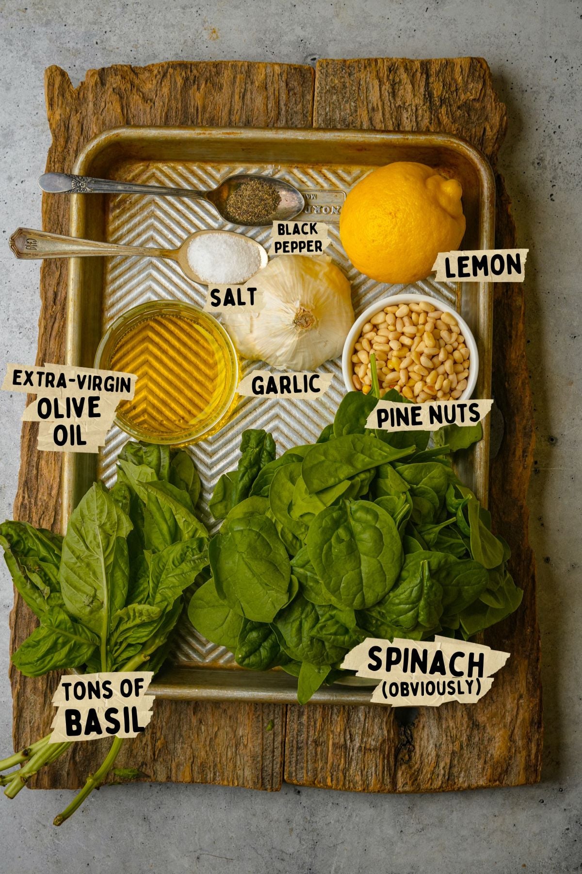 A tray displays ingredients for a spinach pesto recipe: fresh basil and spinach leaves, a lemon, a bulb of garlic, pine nuts, a bowl of salt, black pepper, and a dish of extra-virgin olive oil, all labeled with handwritten tags.