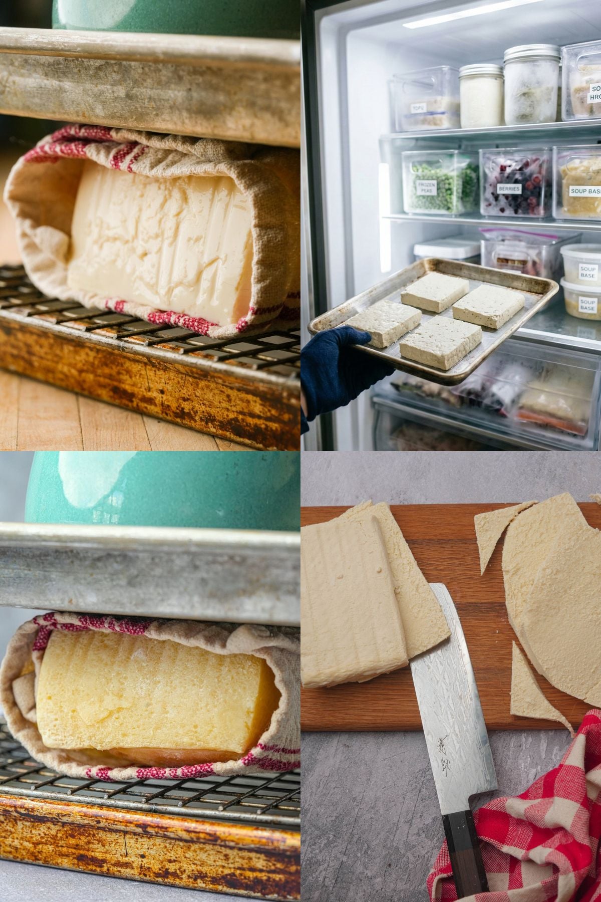 A collage showing tofu prep: tofu blocks wrapped in cloth and pressed, tofu blocks on a tray being placed in a freezer, and sliced tofu on a cutting board with a knife.