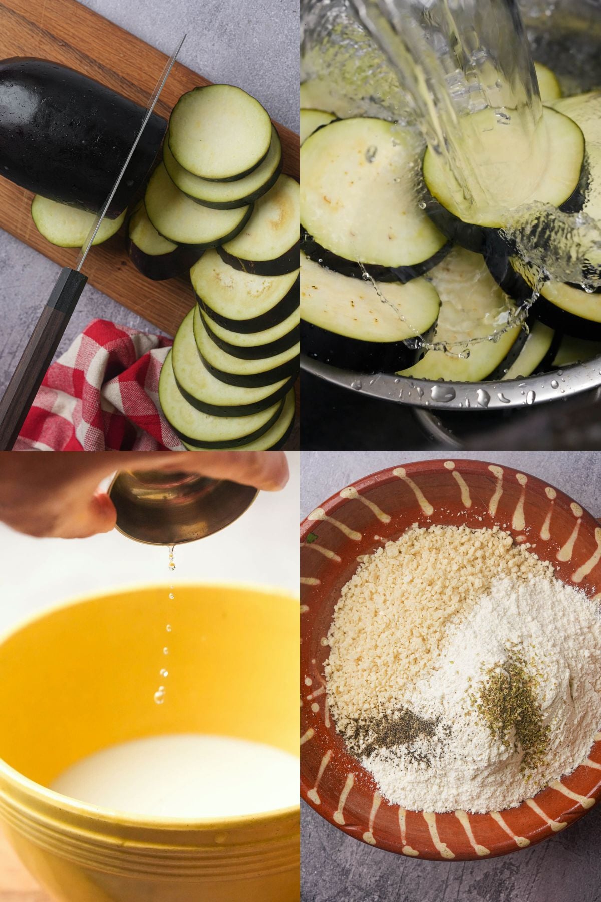 A collage showing sliced eggplant on a cutting board, eggplant slices being rinsed with water, someone adding salt to a bowl of milk, and a bowl with flour, breadcrumbs, and seasonings.