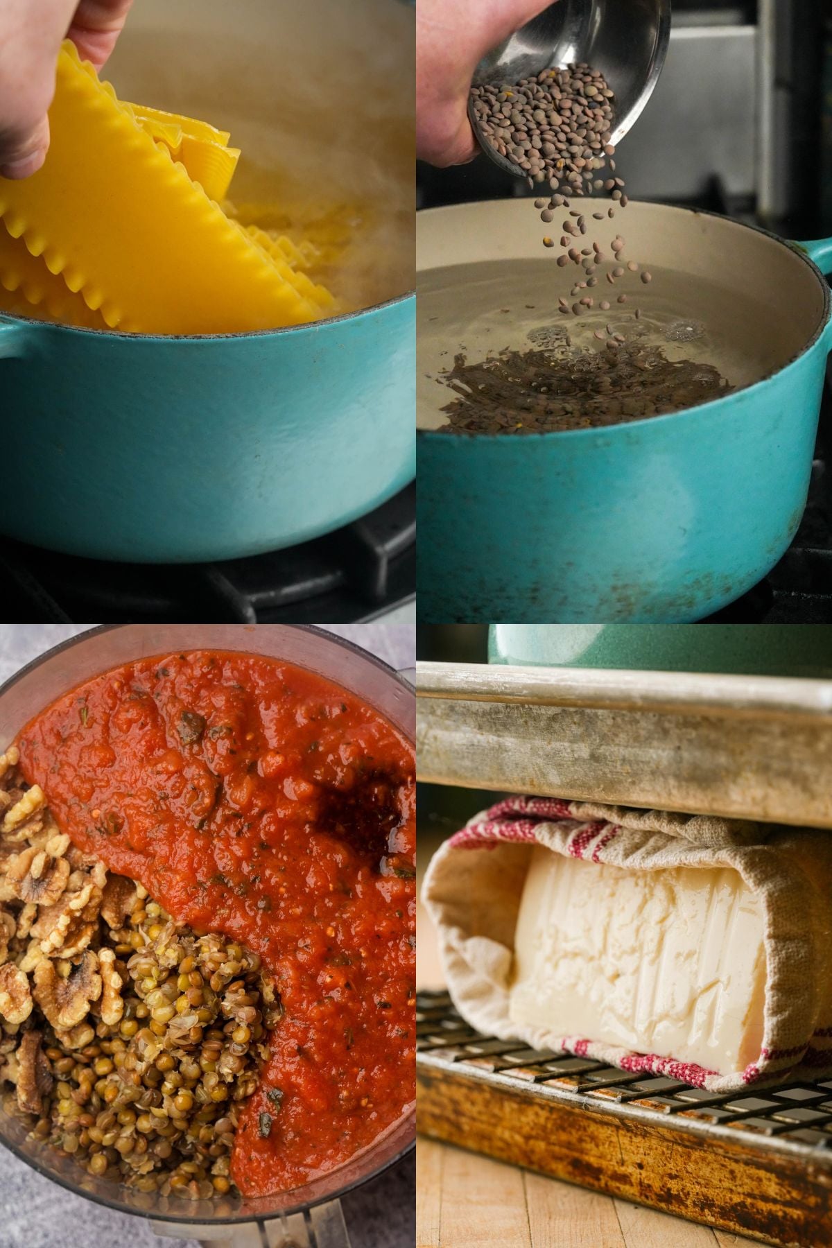A four-panel collage showing: uncooked lasagna noodles and lentils being added to pots, a bowl with cooked lentils, walnuts, and tomato sauce, and a block of tofu draining on a rack.