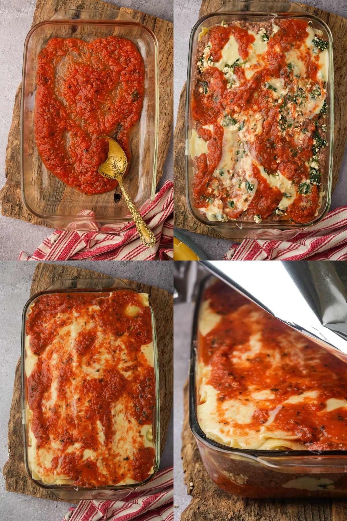 A four-panel image showing vegan lasagna being assembled: layering tomato sauce and noodles in a glass baking dish, adding cheese mixture, topping with more sauce, and finally covering the assembled lasagna with foil before baking.