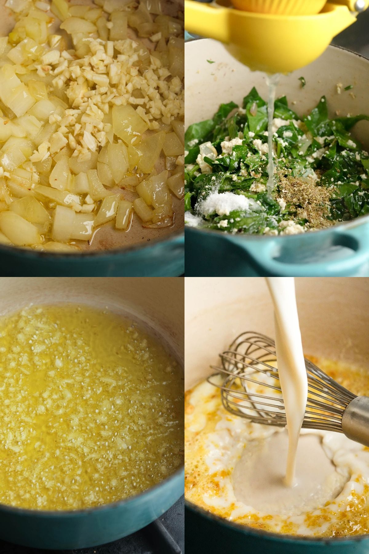 A four-panel collage showing: chopped onions and garlic sautéing, lemon juice poured over spinach and seasonings, butter melting with garlic, and milk being whisked into a creamy mixture in a pot.